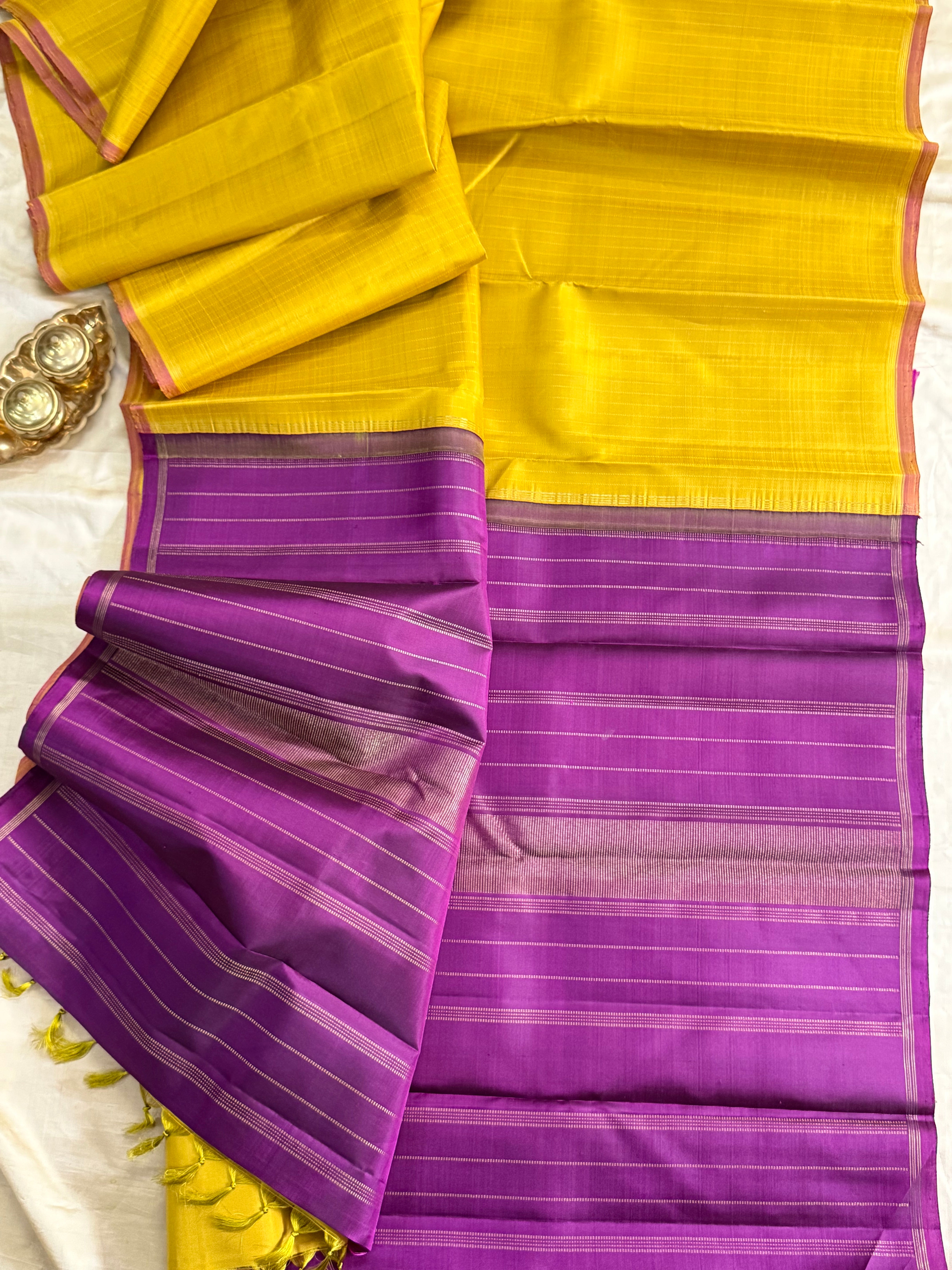 MUSTARD YELLOW AND BODY THREAD LINE BORDER LESS/KANJIPURAM SILK SAREE CLSA 9761