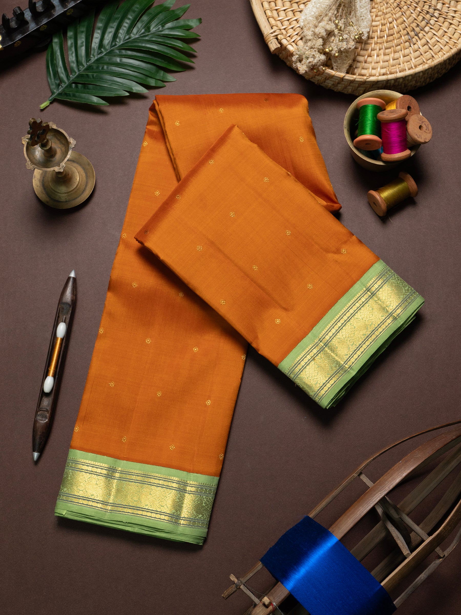 Rust orange and pista green kai korvai/ Kanjipuram Saree CLSA10045