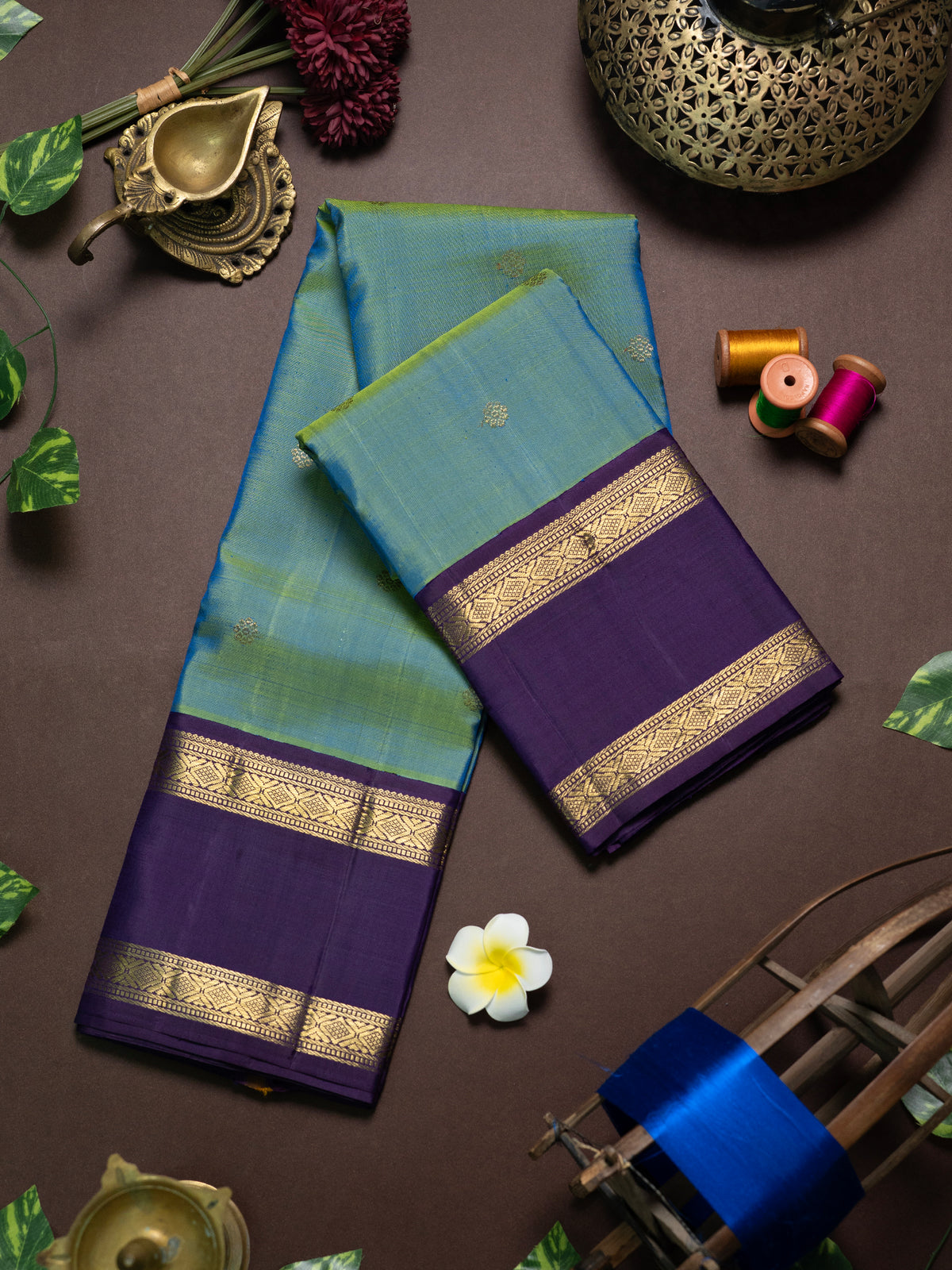 Vintage Blue shot Korvai Pure Kanjipuram Silk Saree CLSA10131