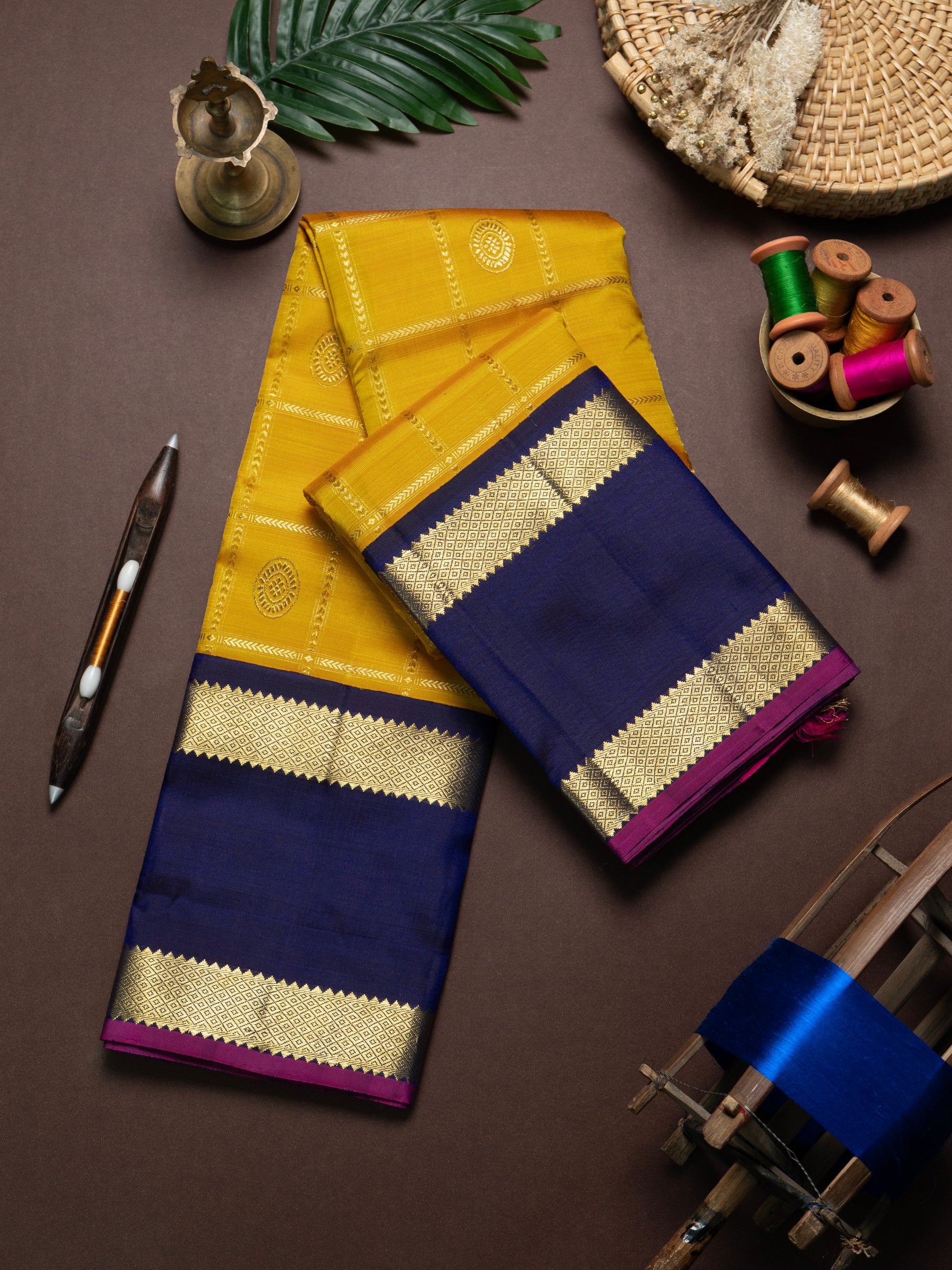 Mustard yellow Zari Kattam Korvai Kanjipuram Silk Saree CLSA10325