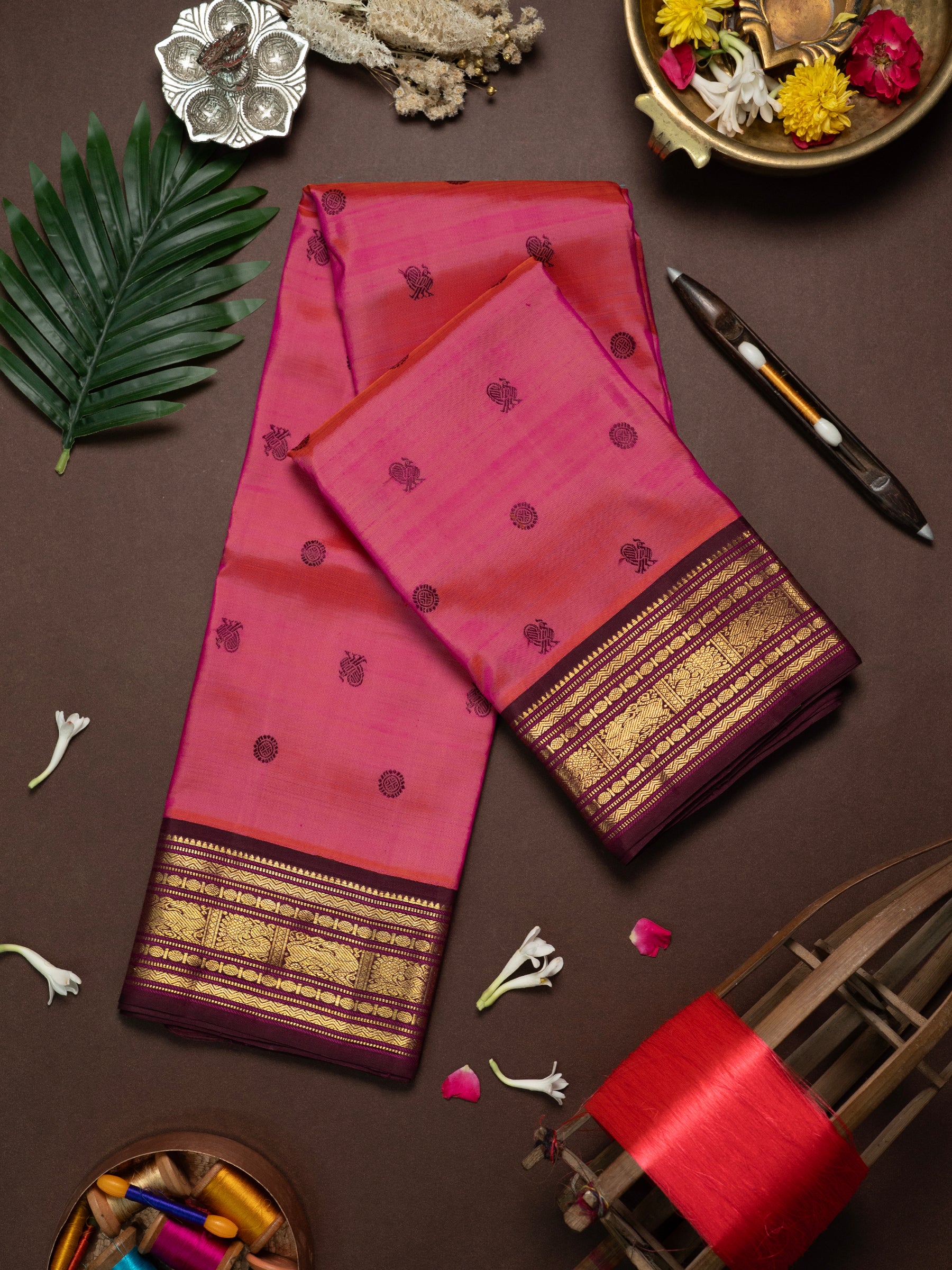 Peach with brown Korvai / Kanjipuram Silk Saree CLSA10584