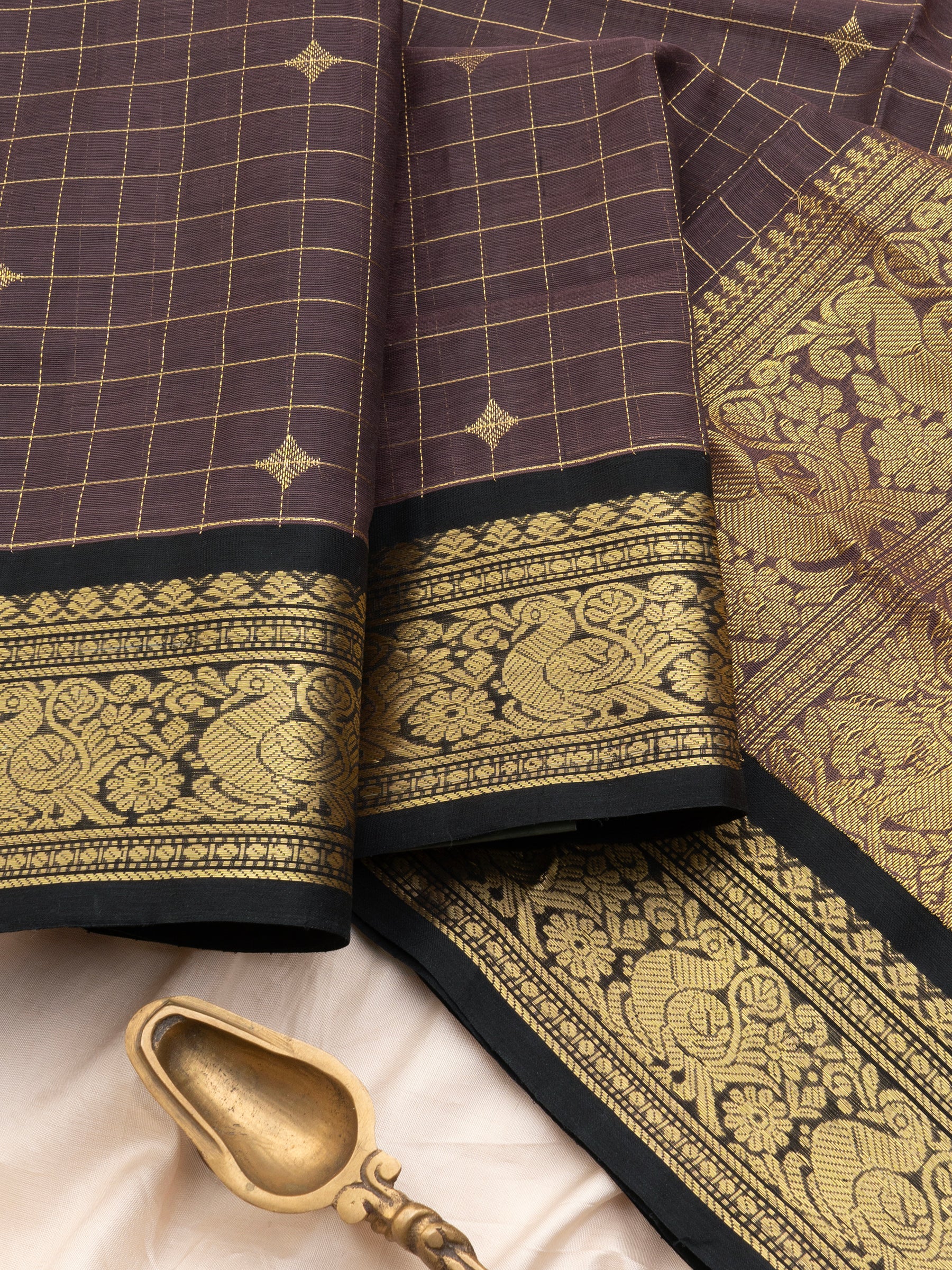 Chikoo and black kattam butta / Silk Cotton Saree CLSA10897