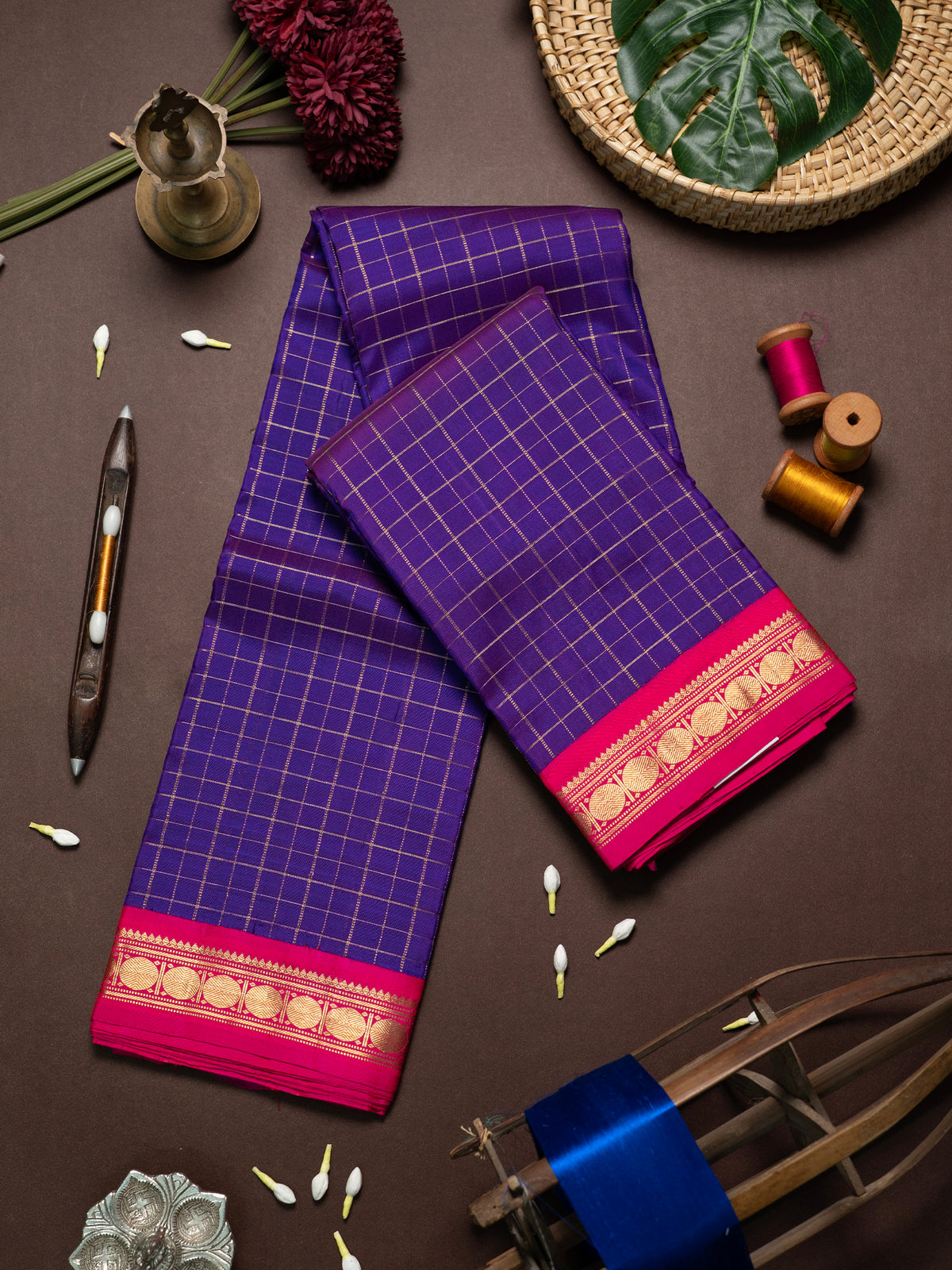 Purple shot violet zari kattam kai korvai rudraksha border/ Kanjipuram Silk Saree CLSA108
