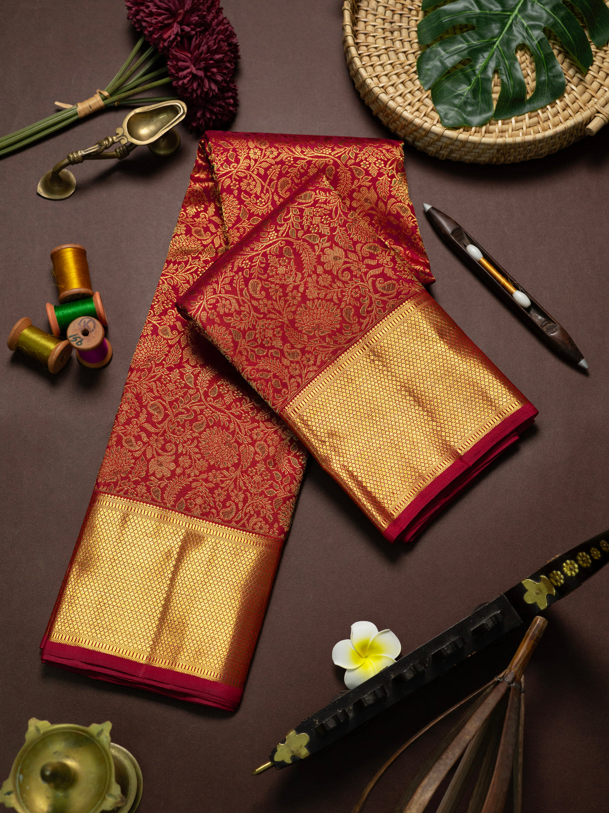 Deep red floral meenakari work body / Kanjipuram Silk Saree CLSA11716
