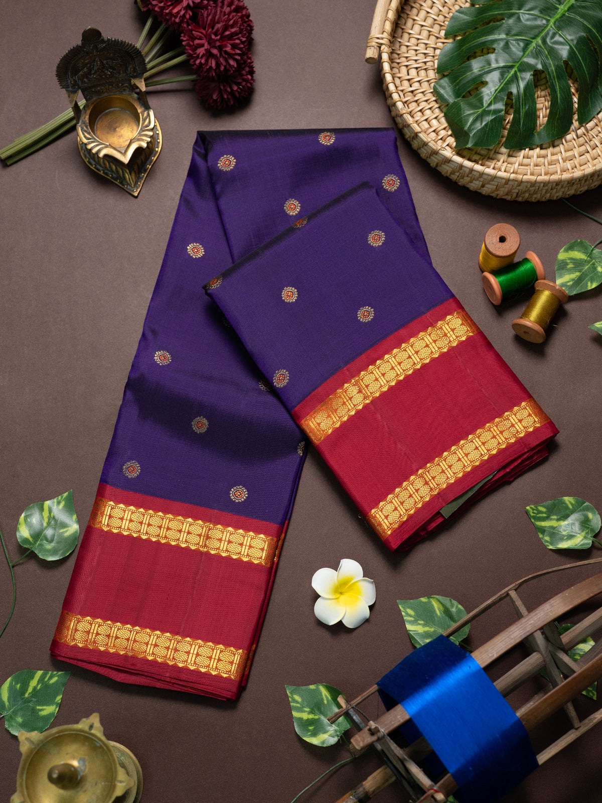 Purple and Araku meenakari butta rettapet border kai korvai/ Kanjipuram Silk Saree CLSA12118