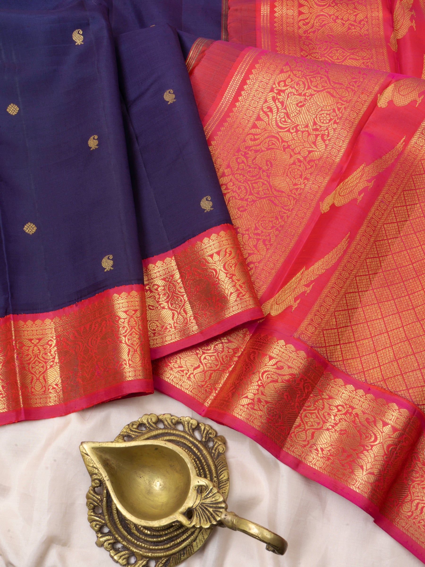 Bluish purple and pink kai korvai / Kanjipuram Silk Saree CLSA4260