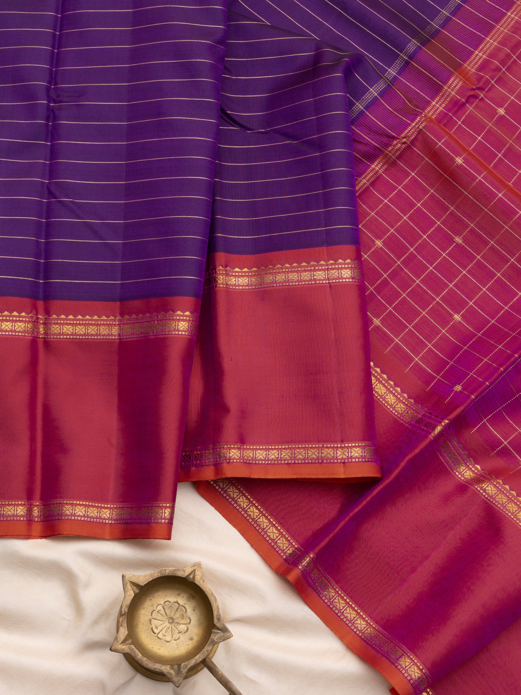 Purple zari stripes and deep pinkish orange rettapet border/ Arani Silk Saree CLSA4317