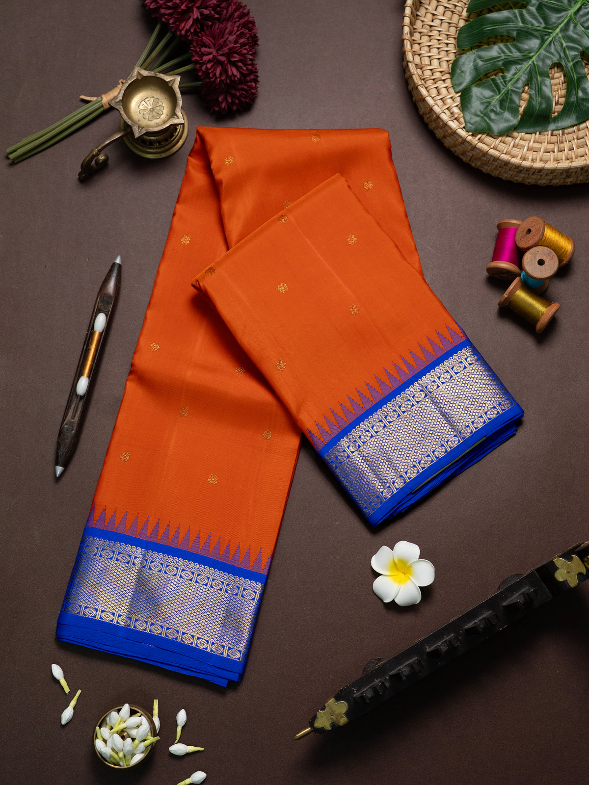 Orange and blue kai korvai unique pallu/ Kanjipuram Silk Saree CLSA4445