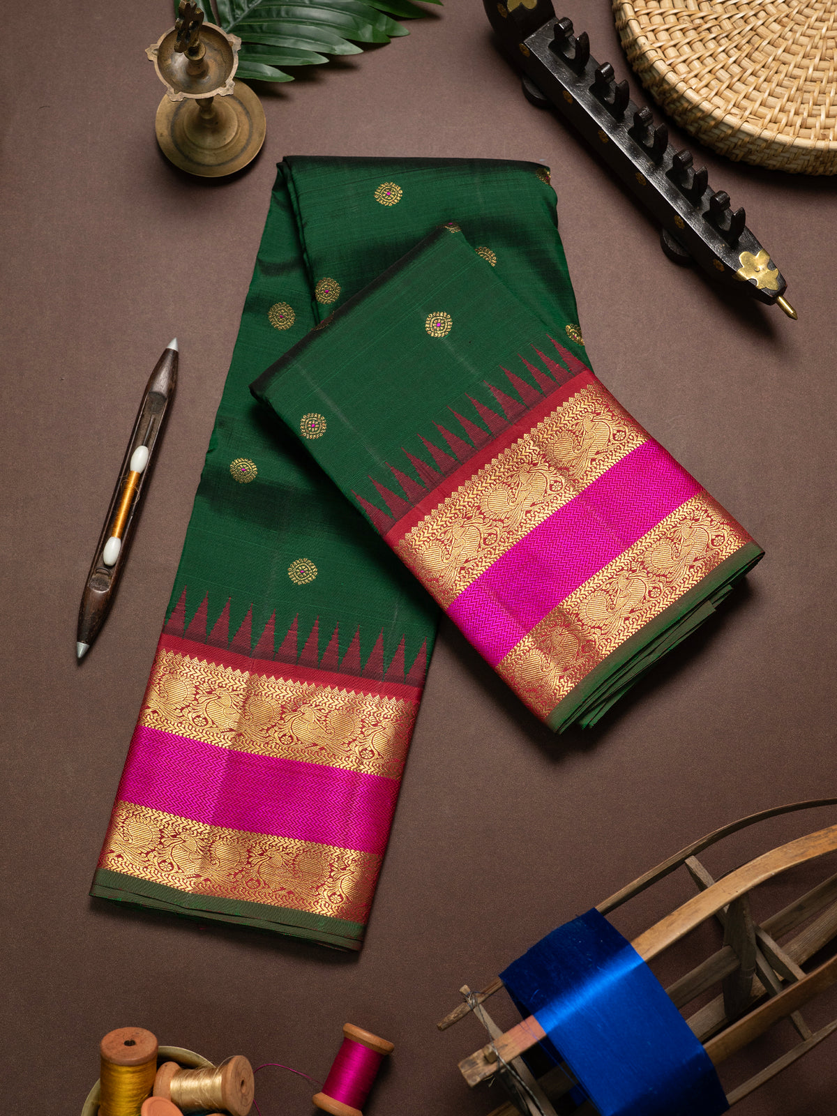 Dark green retta pet Korvai / Kanjipuram Silk Saree CLSA
