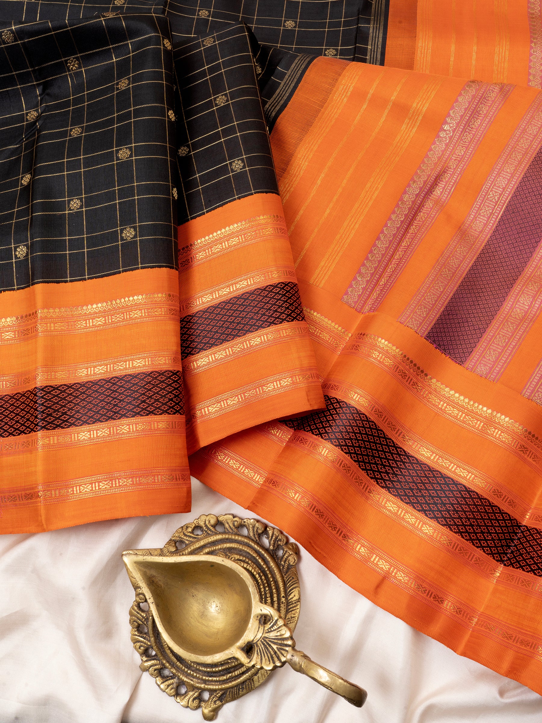 Revival black checks and orange kai korvai / Kanjipuram Silk Saree CLSA4789