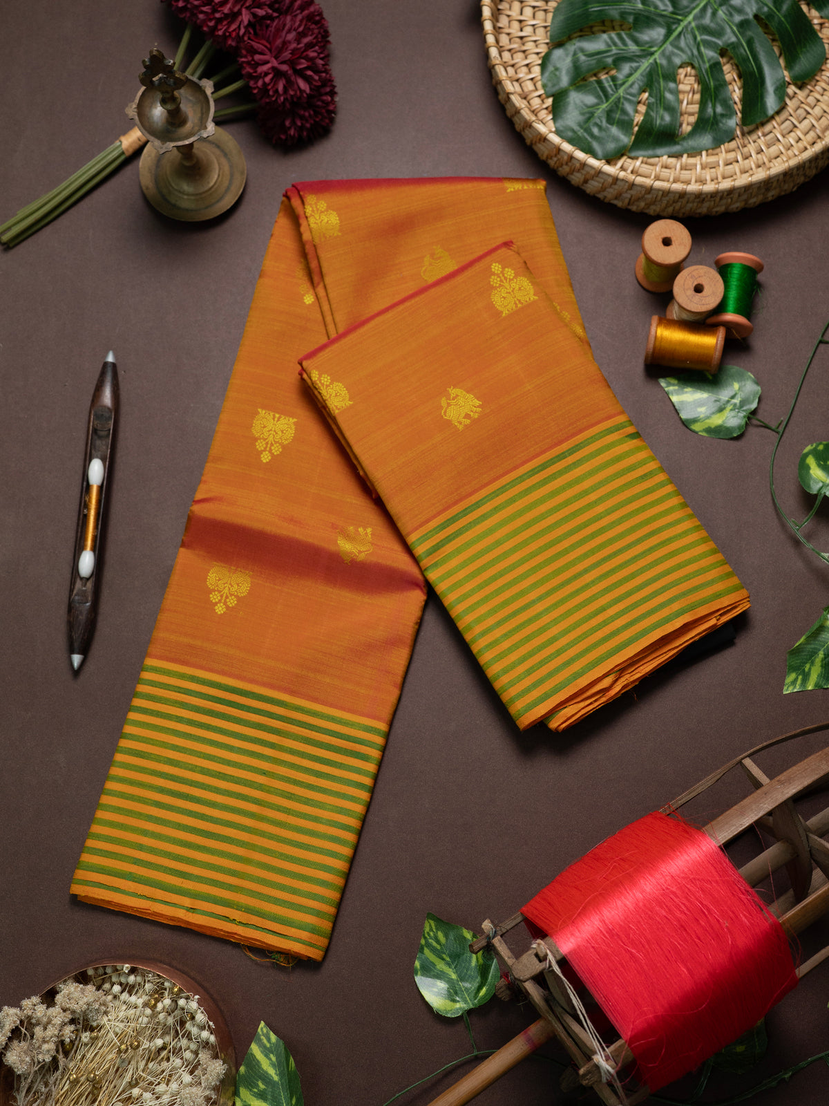 Orange shot green varisapet border/ Kanjipuram Silk Saree CLSA5568