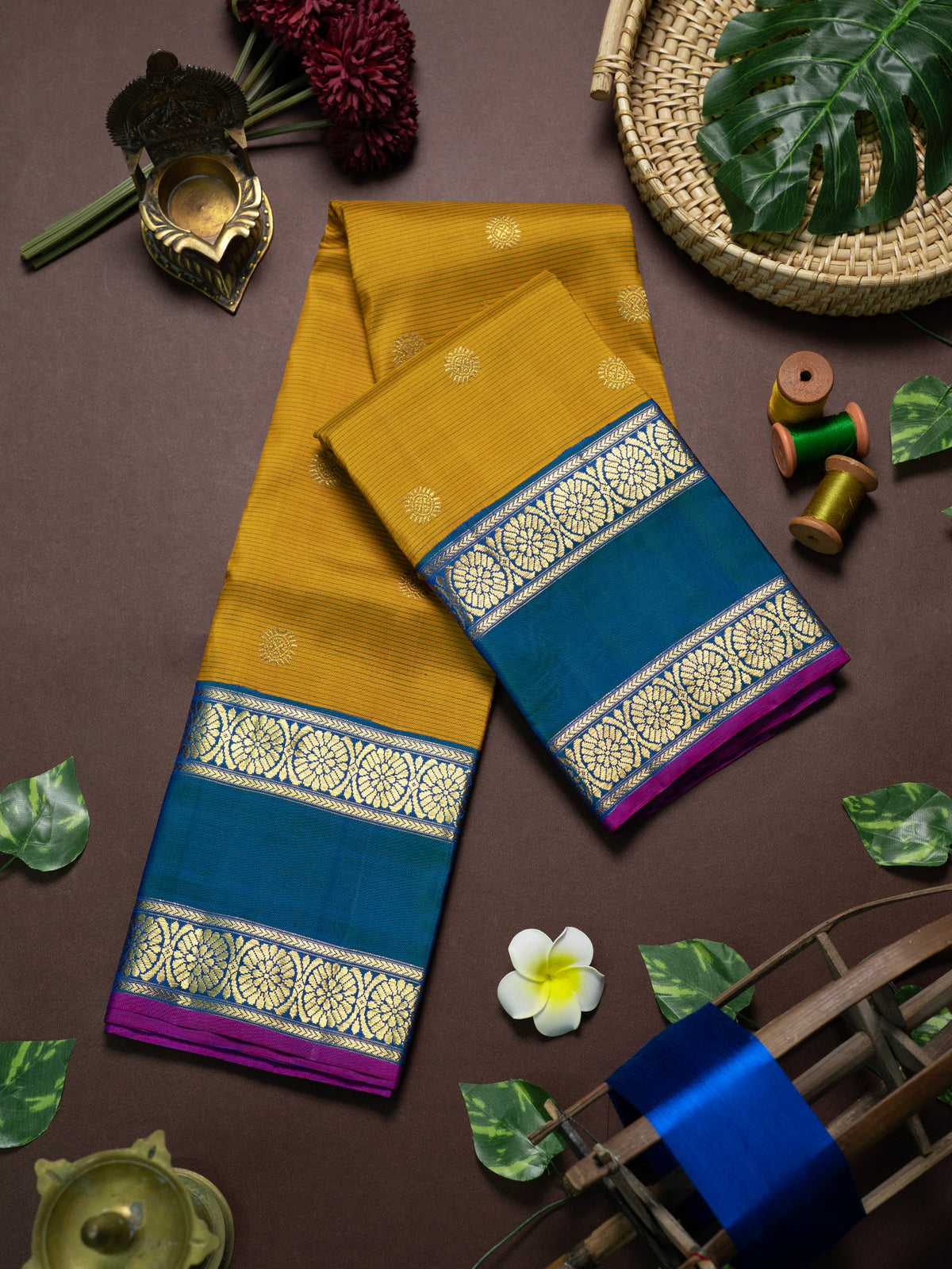 Mustard and teal blue rettapet border kai korvai/ Kanjipuram Silk Saree CLSA6084