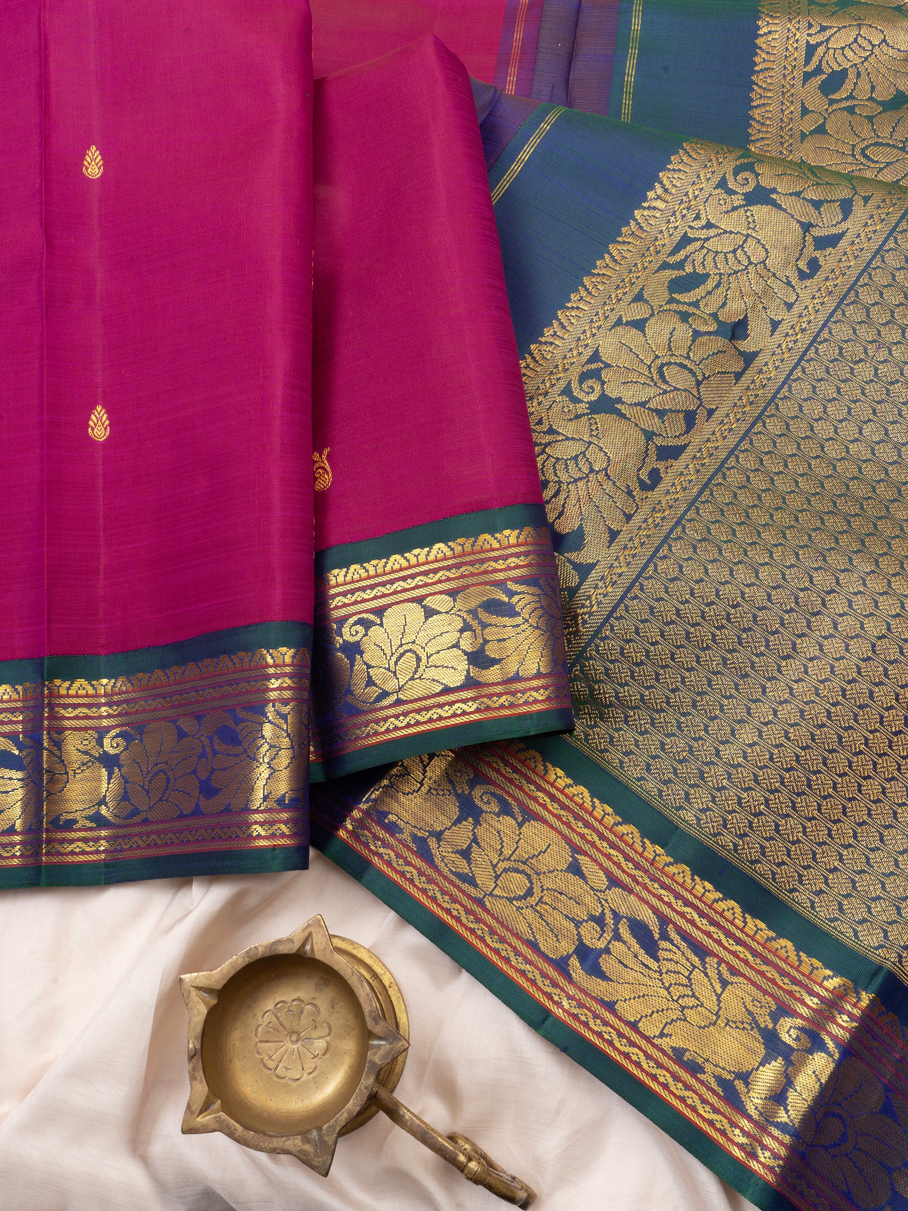 Vintage pink and teal blue kai korvai/Arani Silk Saree CLSA6142