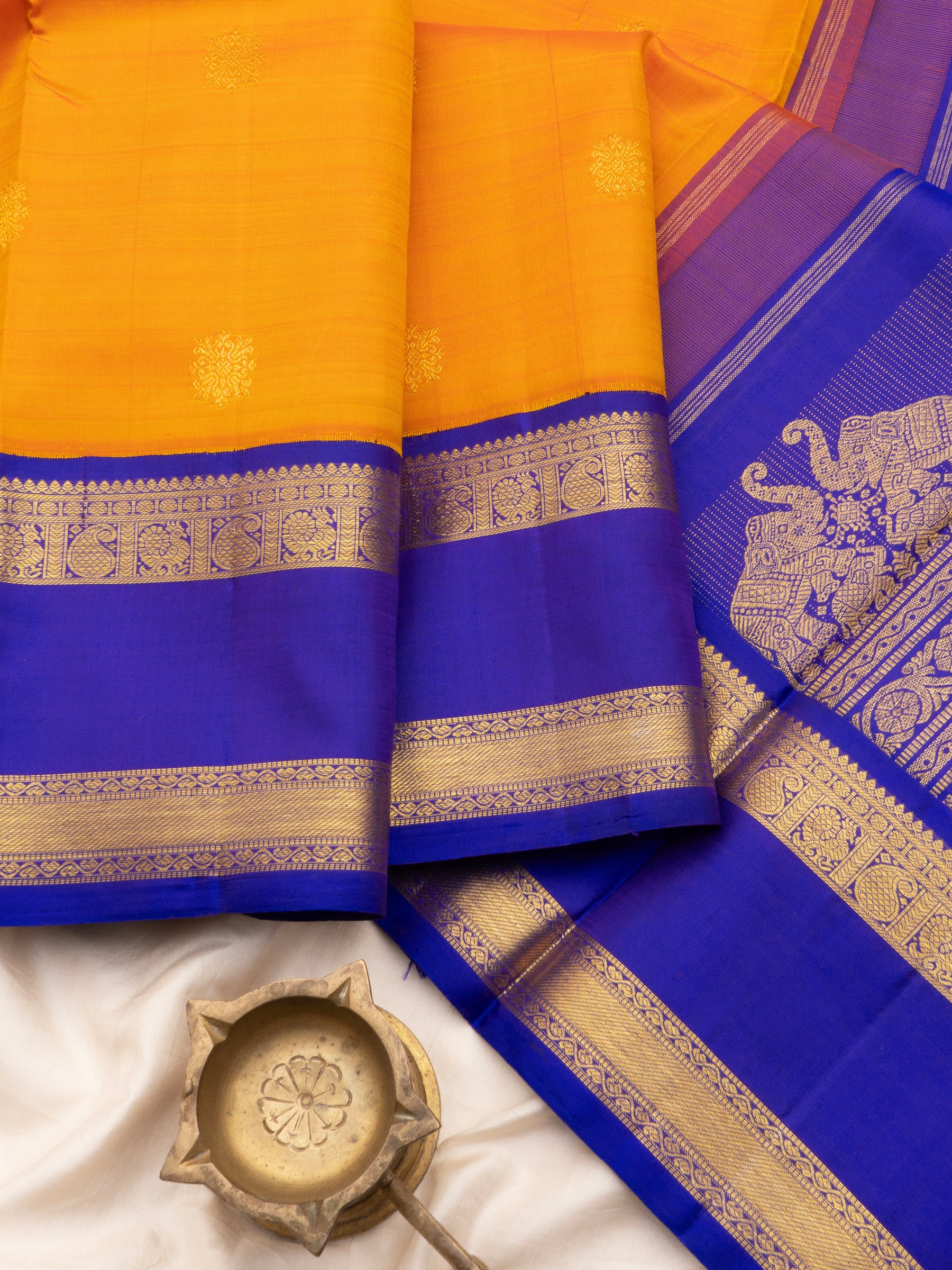 Mustard yellow and ink blue rettapet border/Arani Silk Saree CLSA6984