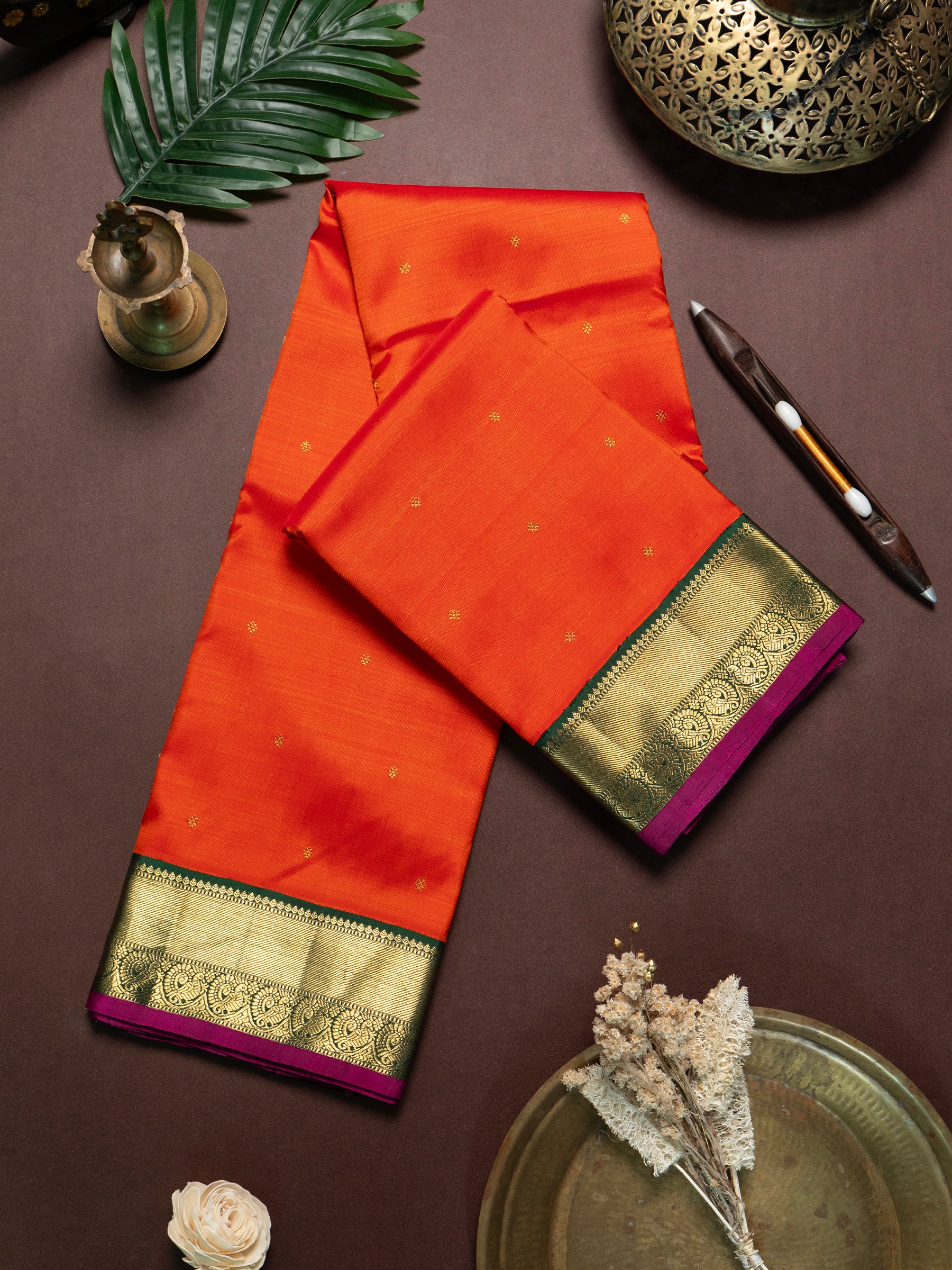 Rust with green Korvai Kanjipuram Saree CLSA7646