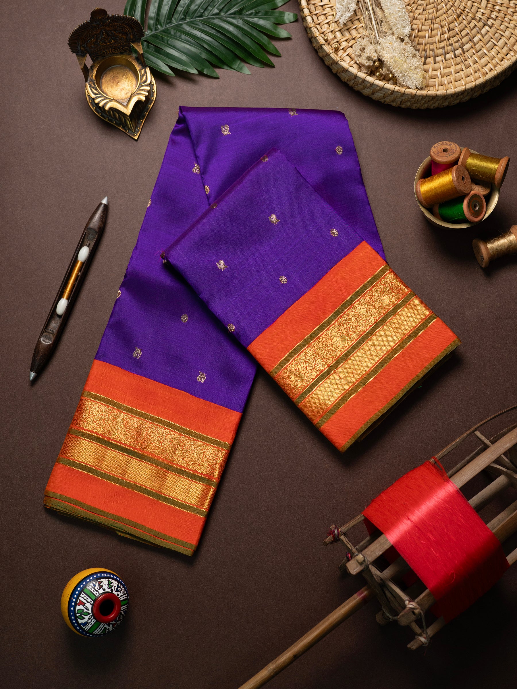 Purple with orange Korvai / Kanjipuram Silk Saree CLSA7754