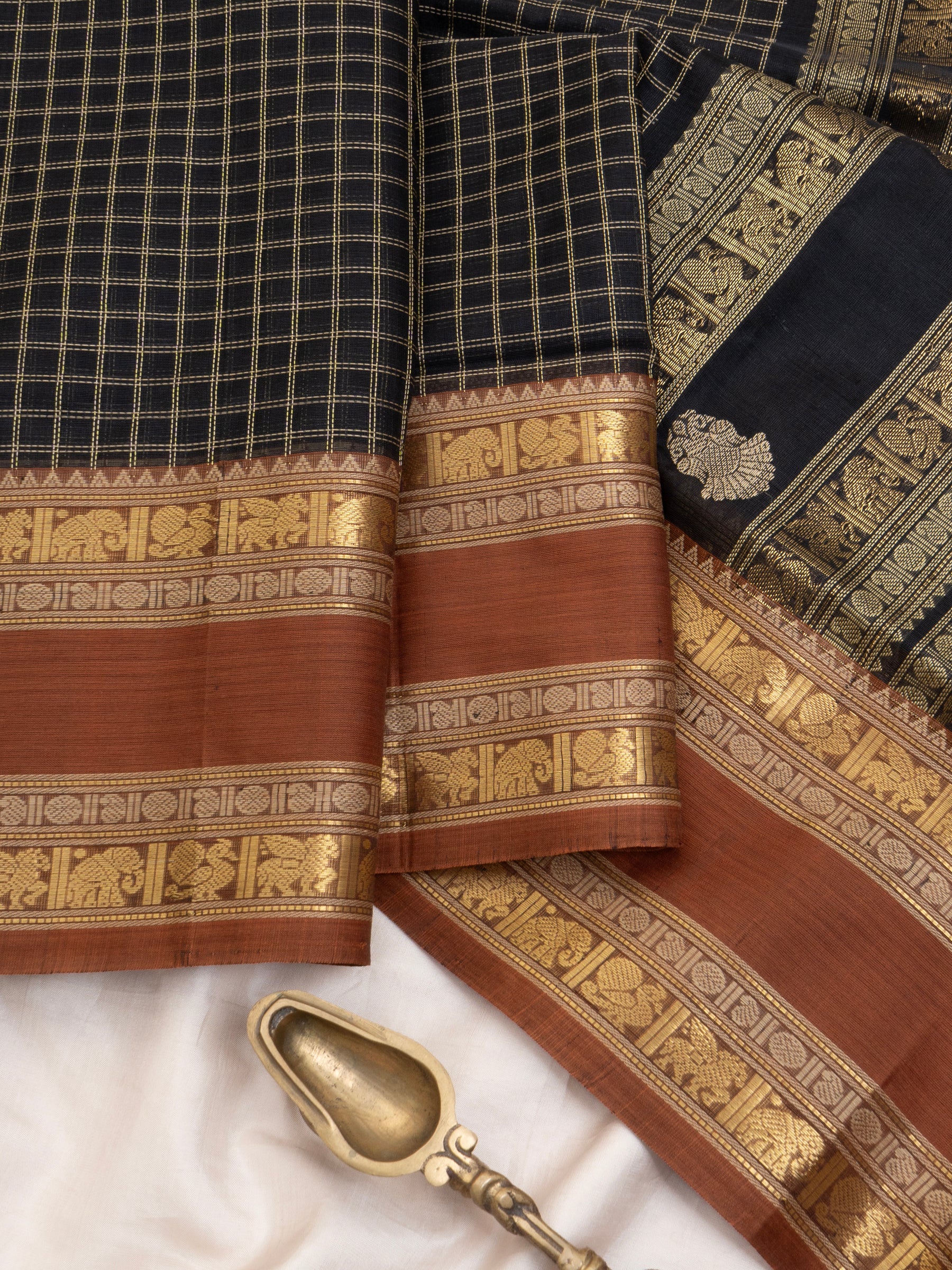 Black checks rust rettapet border/ Silk Cotton Saree CLSA7872
