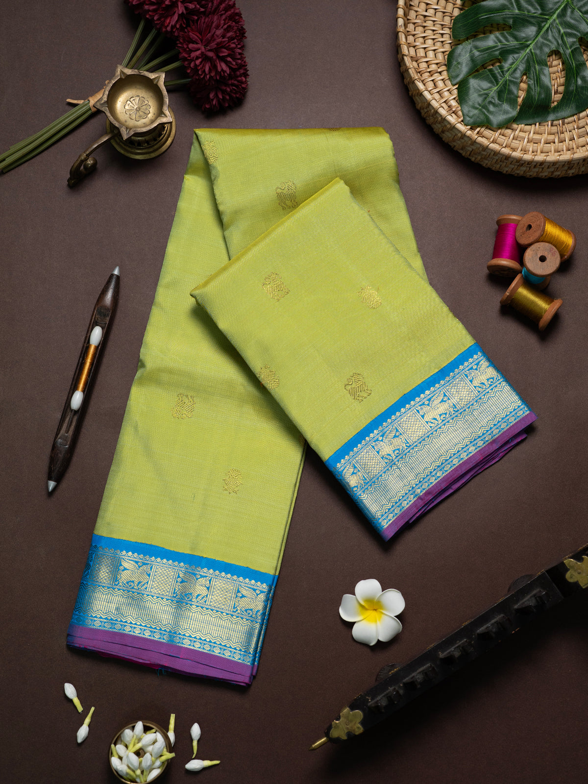 Lite green and turquoise Blue kai korvai/ Kanjipuram Silk Saree CLSA8073