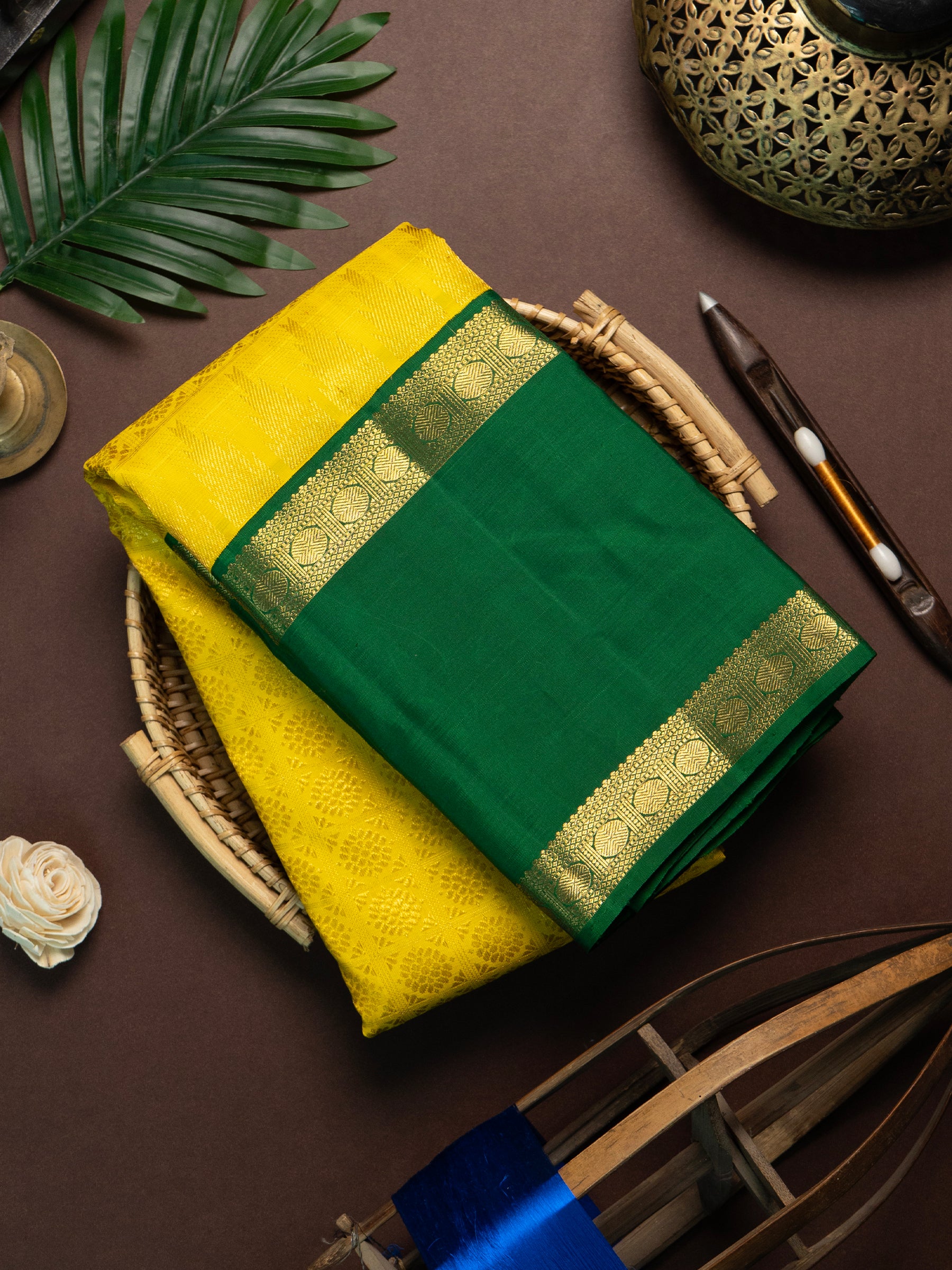 Yellow and green rettapet border kai korvai/ Kanjipuram Saree CLSA9137