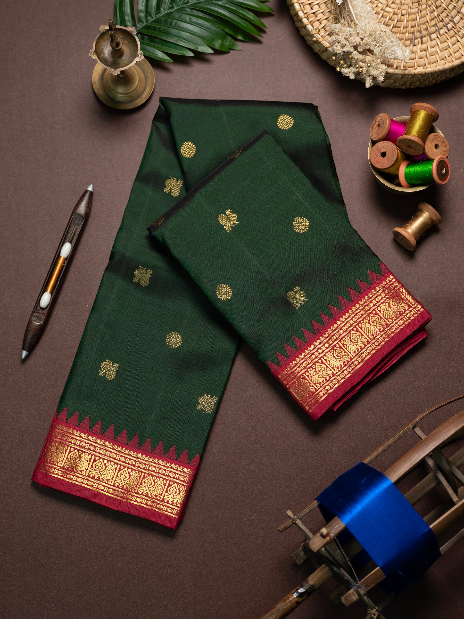 Bottle green and small temple Korvai / Kanjipuram Silk Saree CLSA9481