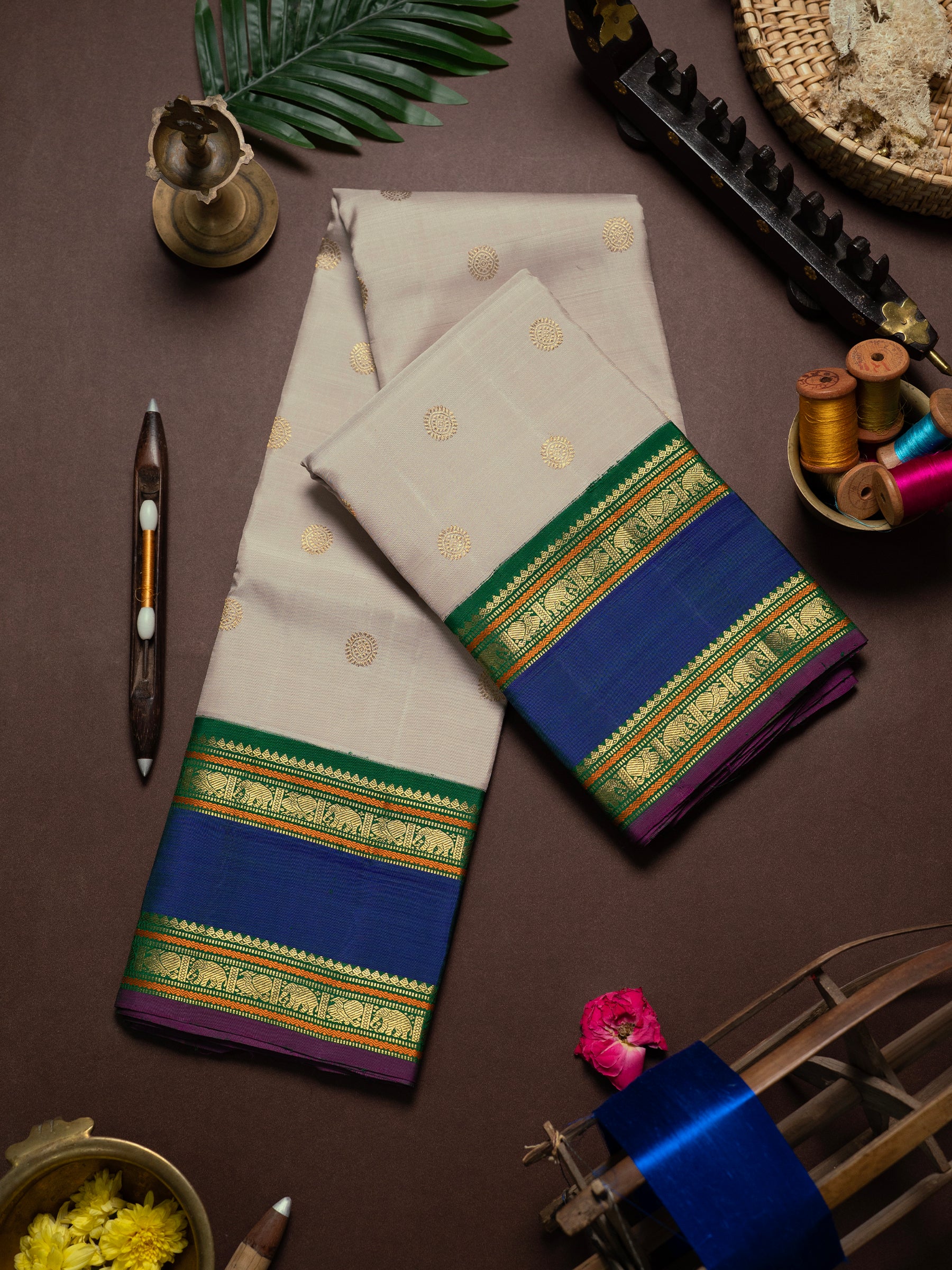 Beige retta pet Korvai Kanjipuram Silk Saree CLSA9483