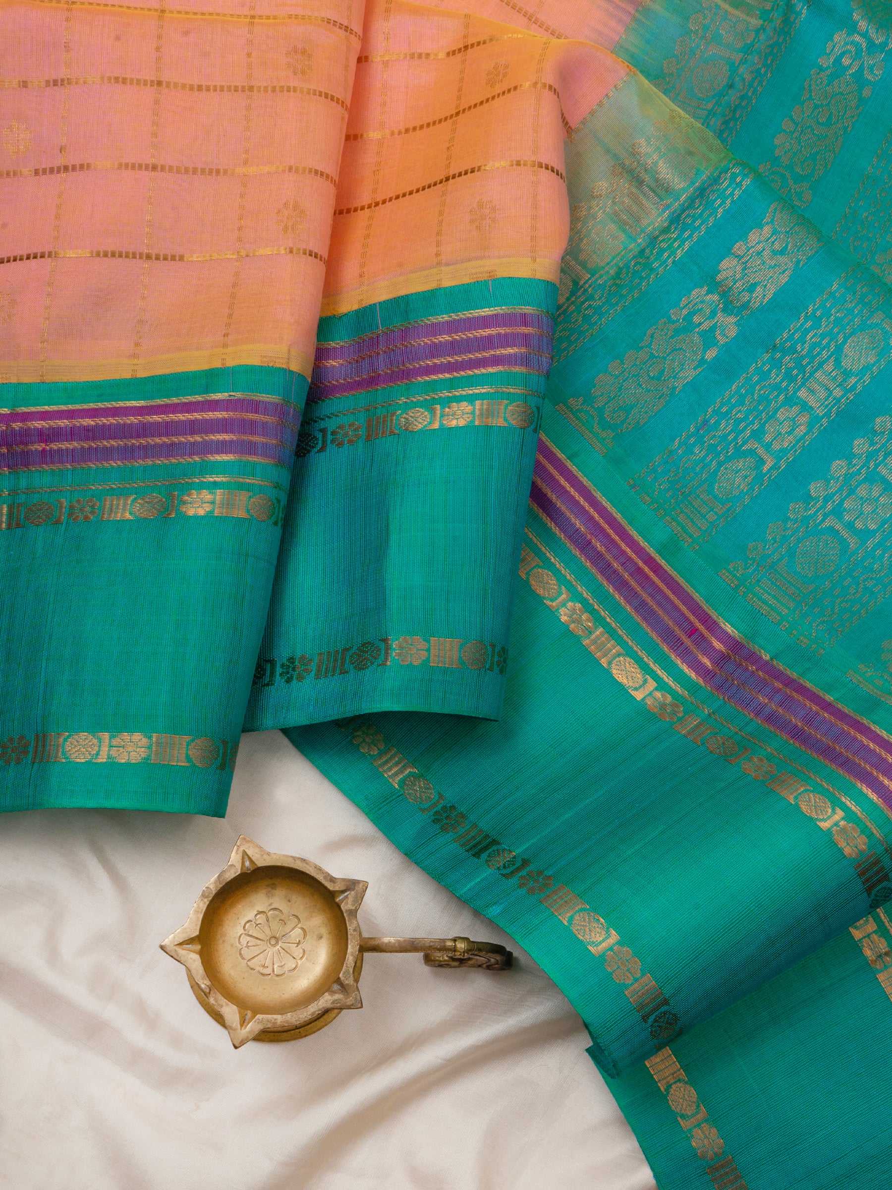 Peach and turquoise blue/ Silk Cotton Saree CLSA2890