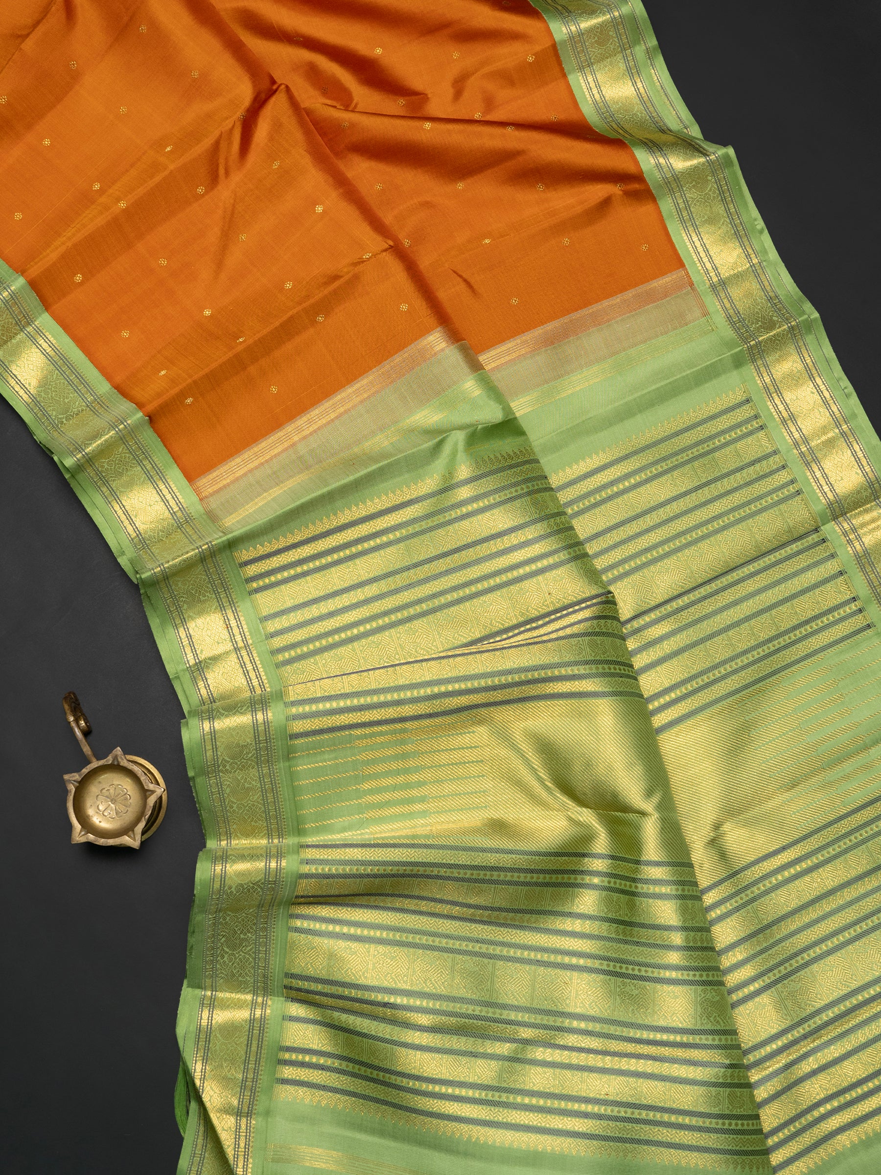Rust orange and pista green kai korvai/ Kanjipuram Saree CLSA10045