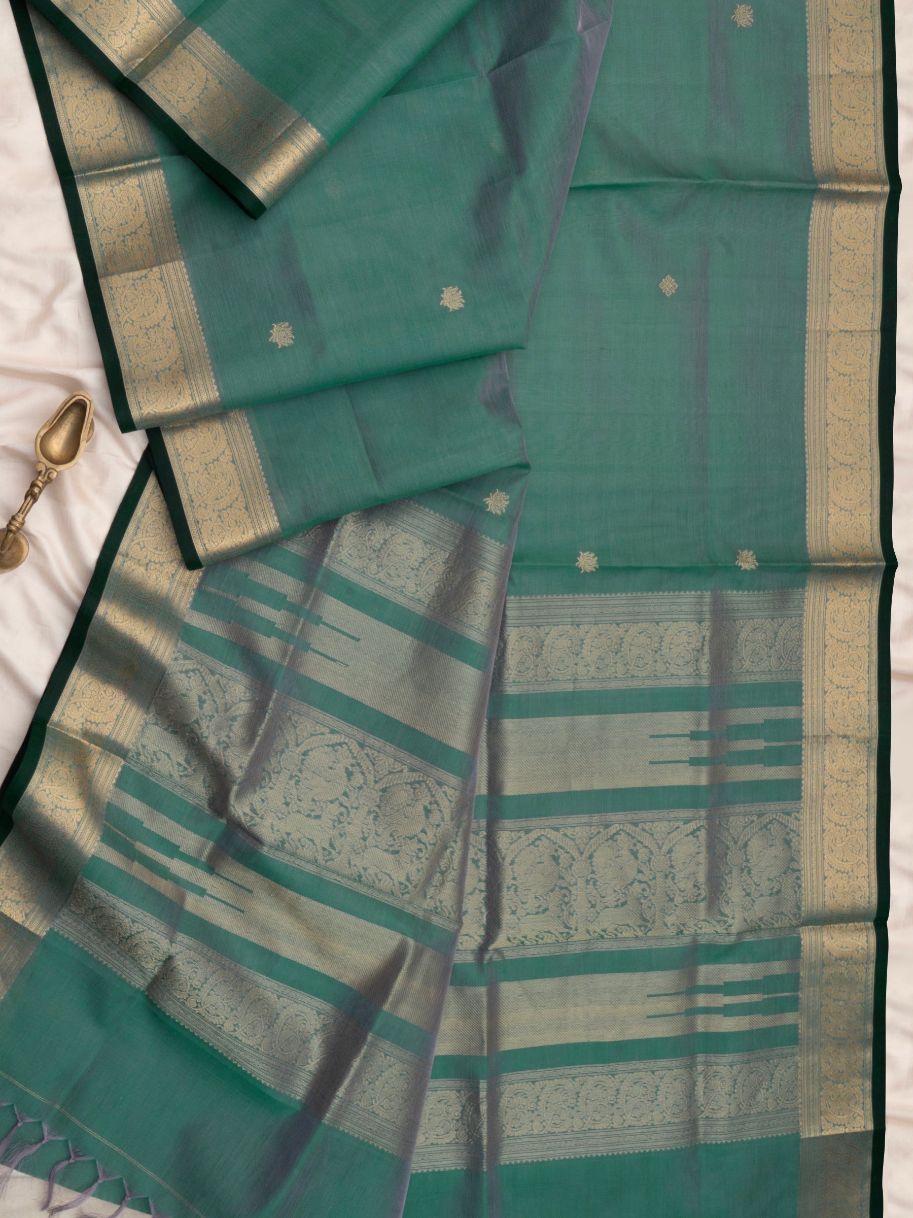 Muted teal green tamarai butta / Silk Cotton Saree CLSA10194