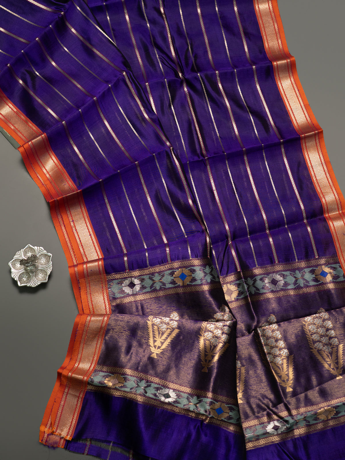 Master piece Deep purple zari stripes and orange small border special pallu / Chanderi silk Saree CLSA10884