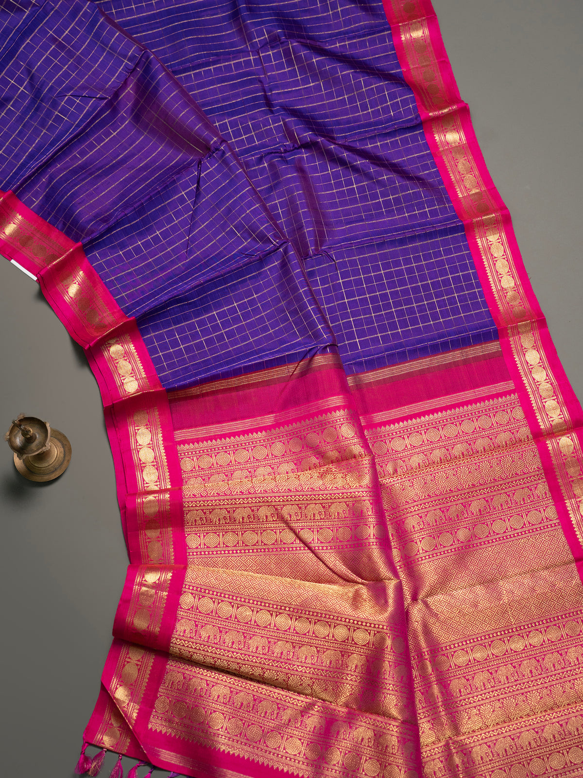 Purple shot violet zari kattam kai korvai rudraksha border/ Kanjipuram Silk Saree CLSA108