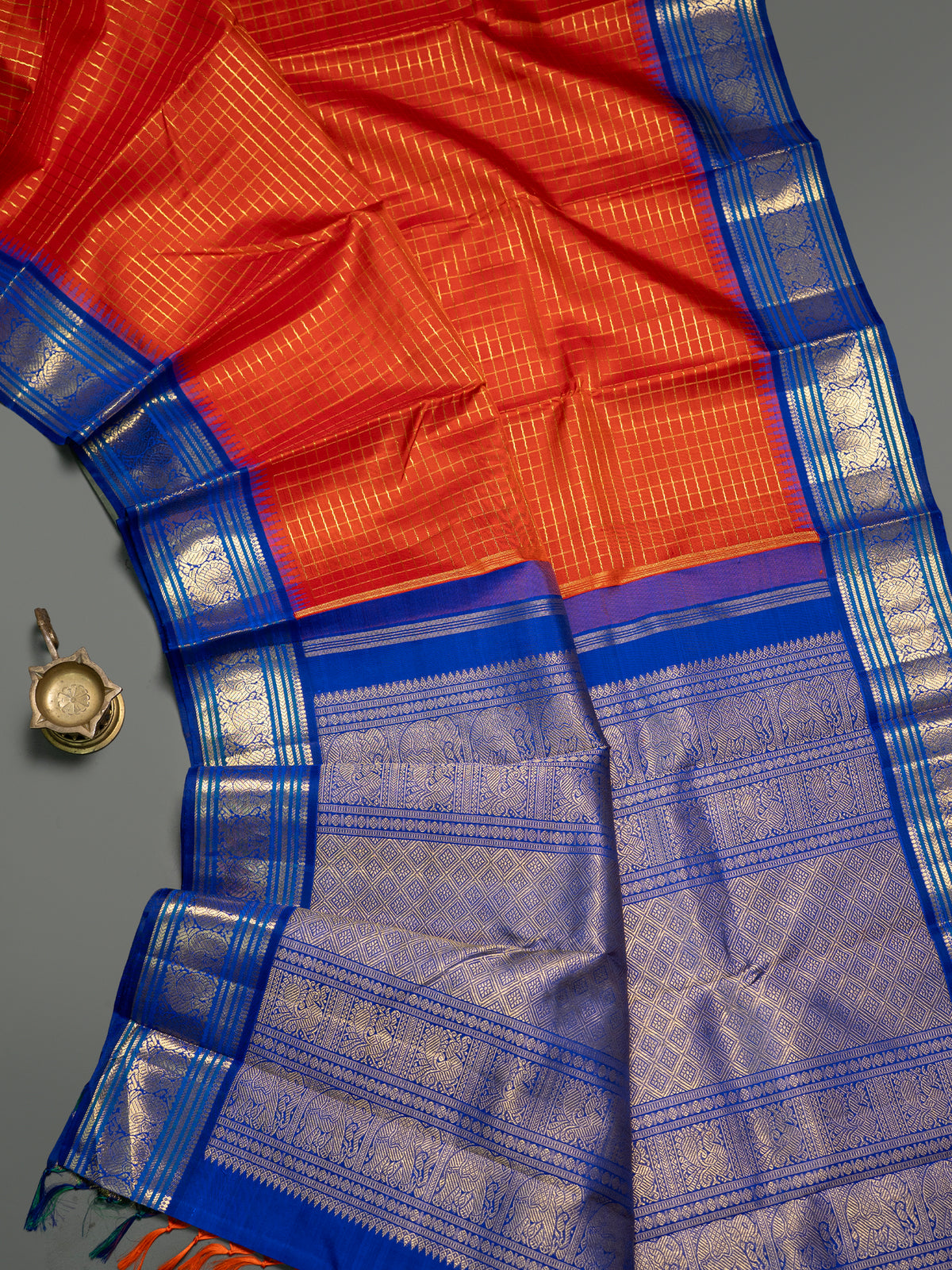 Orange Zari Kattam Korvai Pure Kanjipuram Silk Saree CLSA11283