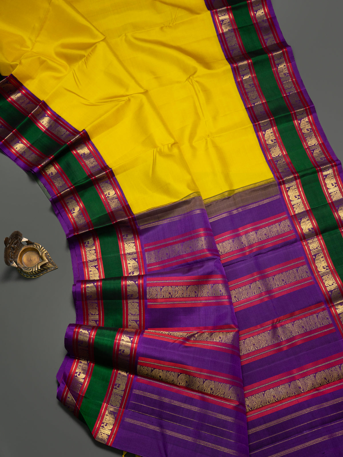 Yellow and green purple rettapet border kai korvai/ Kanjipuram Silk Saree CLSA11707