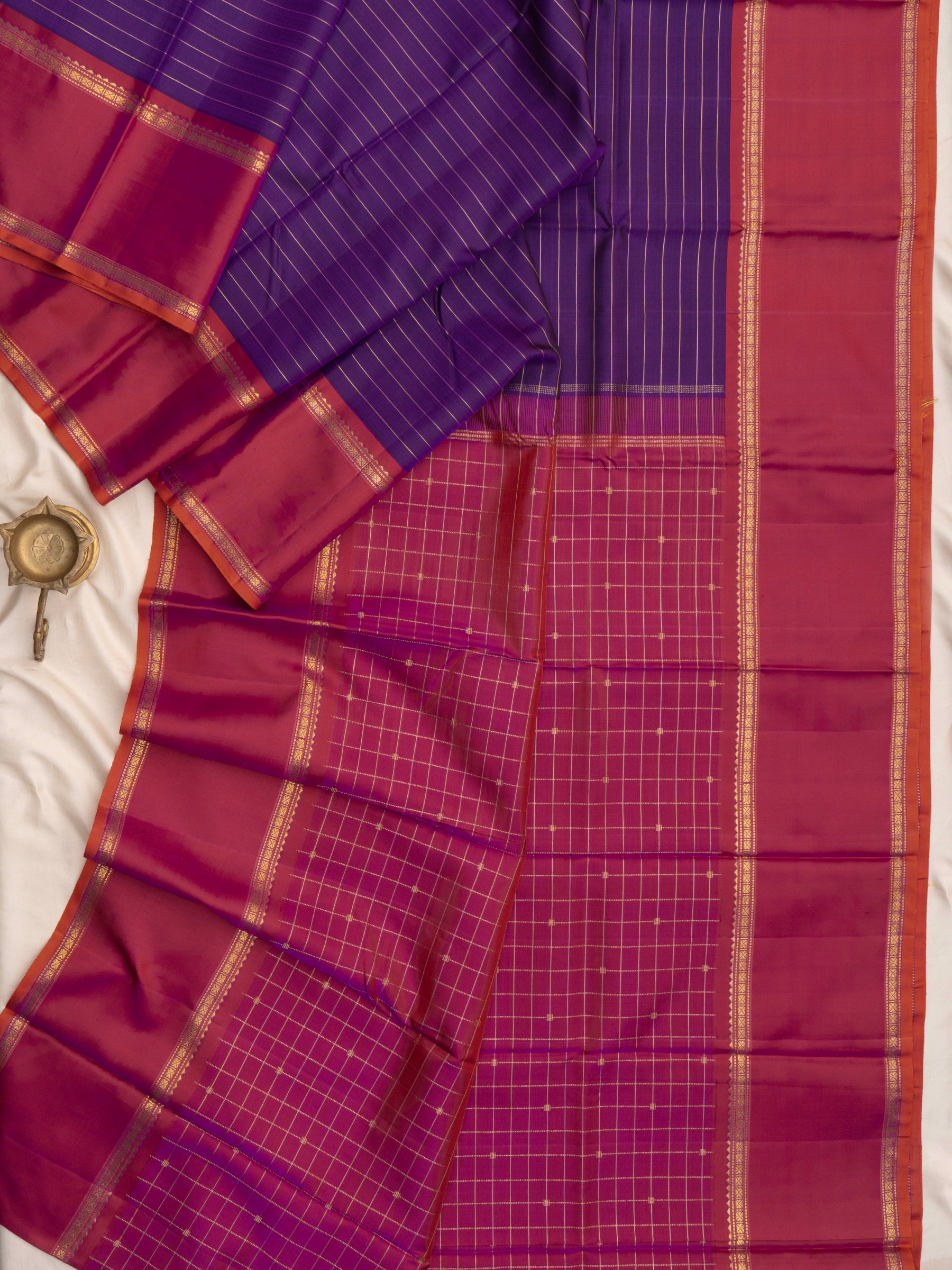 Purple zari stripes and deep pinkish orange rettapet border/ Arani Silk Saree CLSA4317