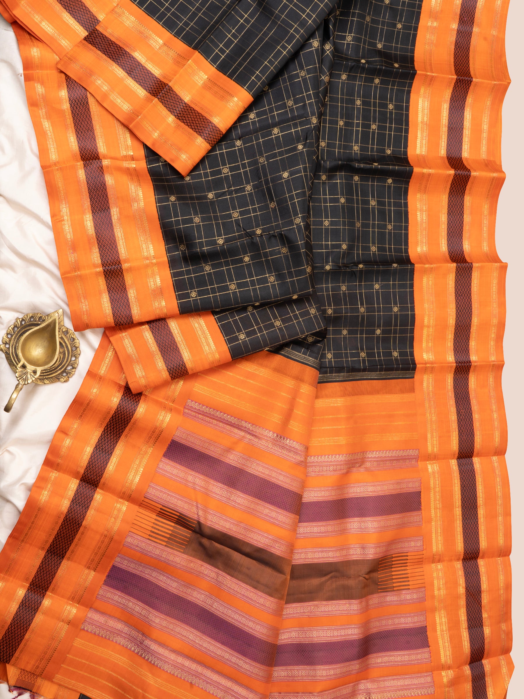 Revival black checks and orange kai korvai / Kanjipuram Silk Saree CLSA4789