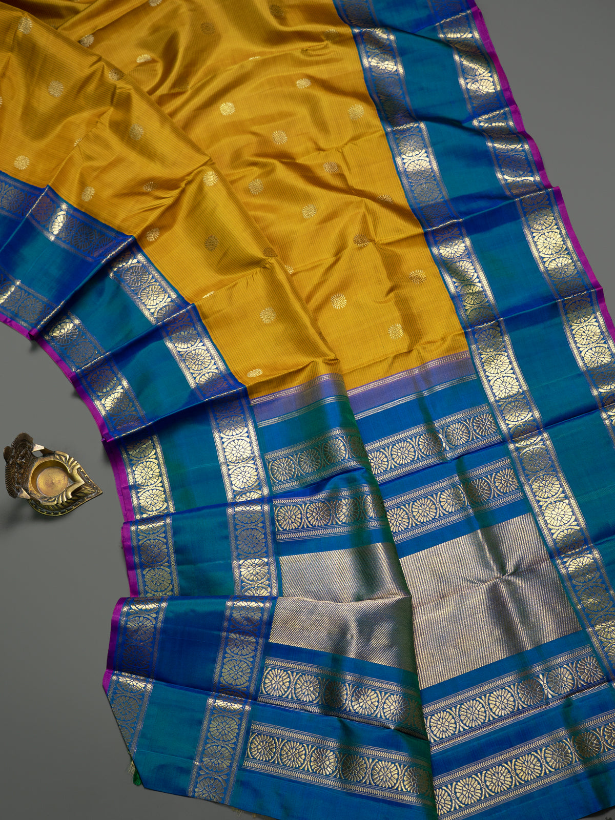 Mustard and teal blue rettapet border kai korvai/ Kanjipuram Silk Saree CLSA6084