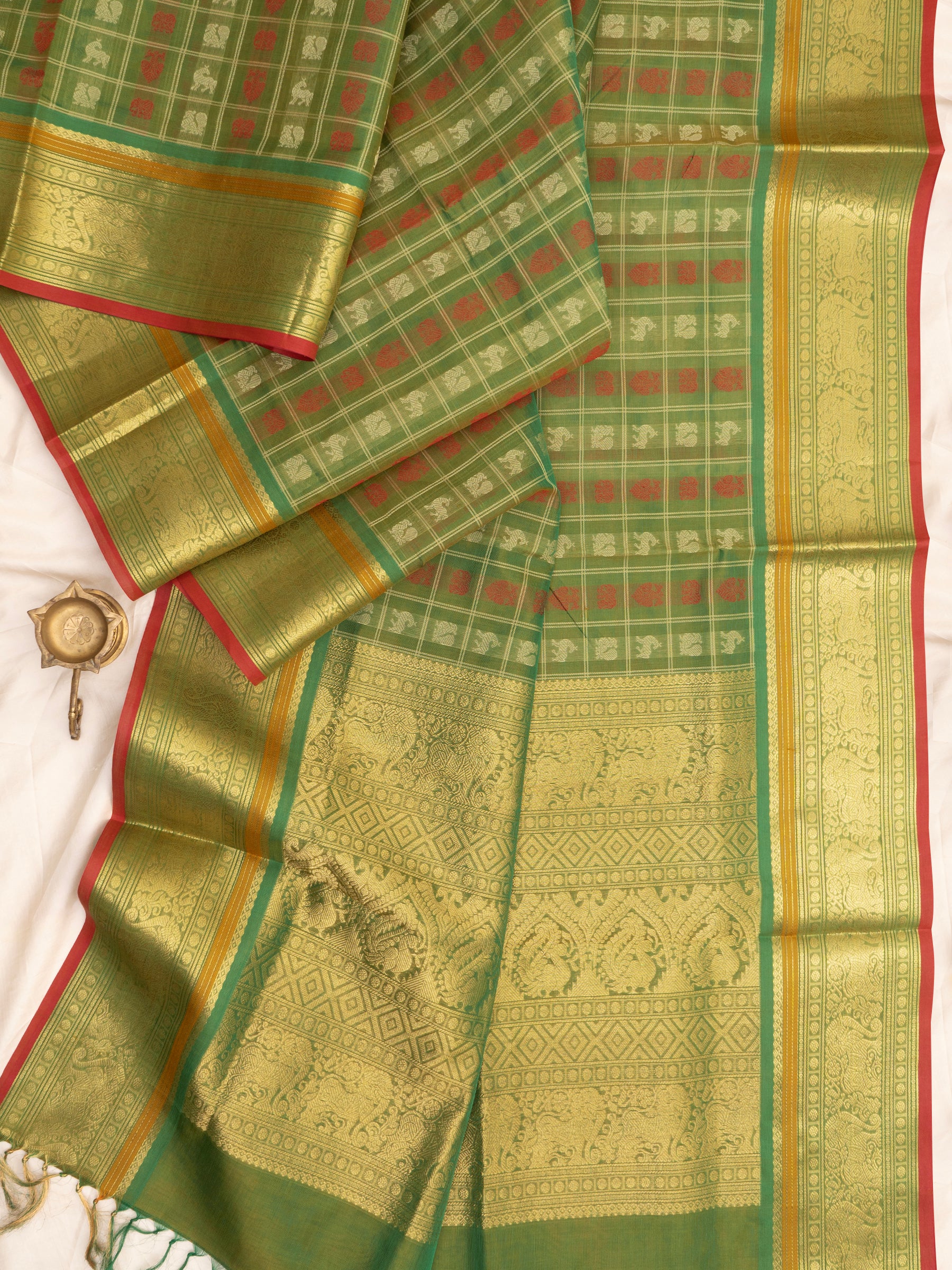 Green kattam multi butta / Silk Cotton Saree CLSA7284