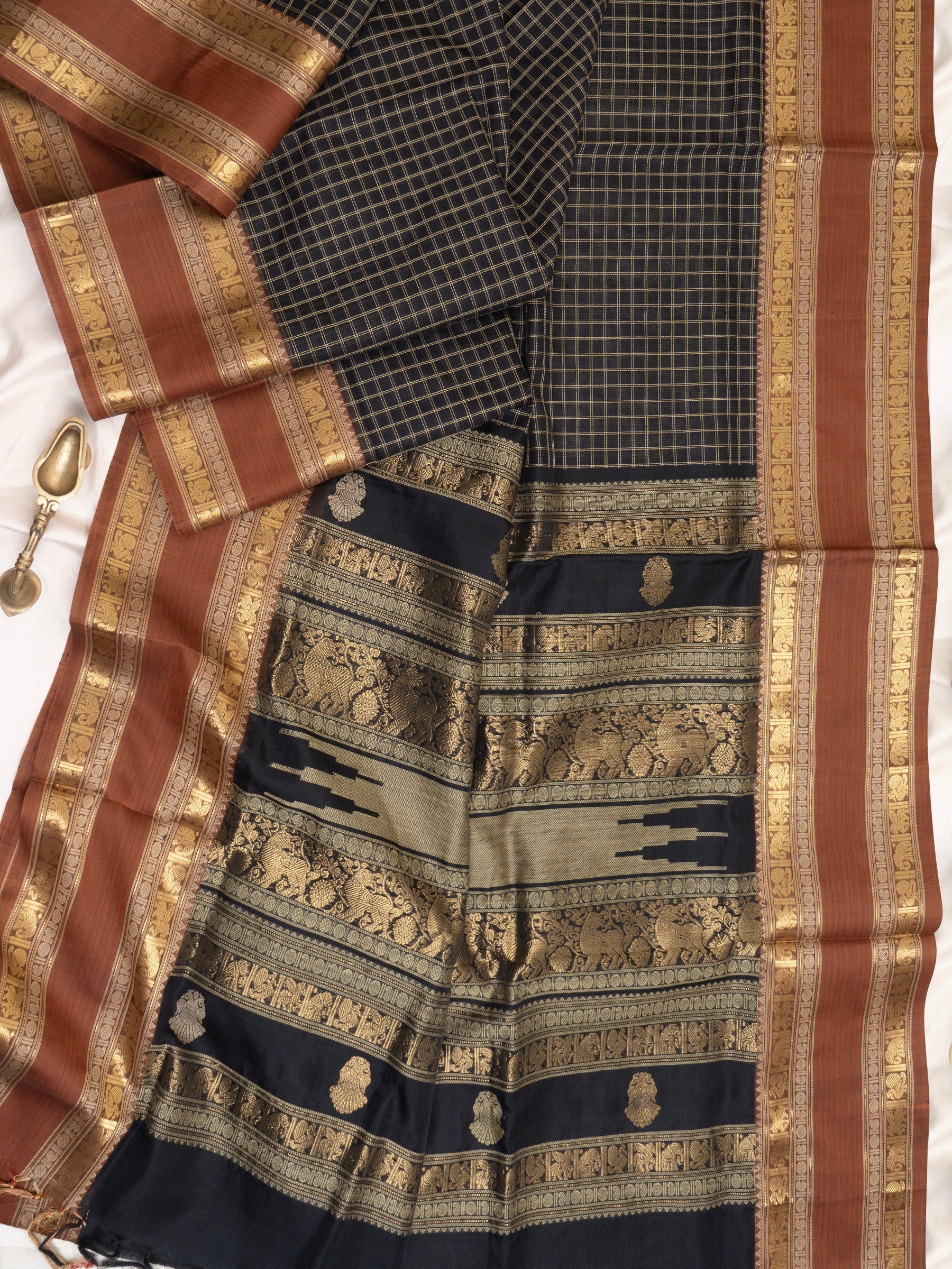 Black checks rust rettapet border/ Silk Cotton Saree CLSA7872