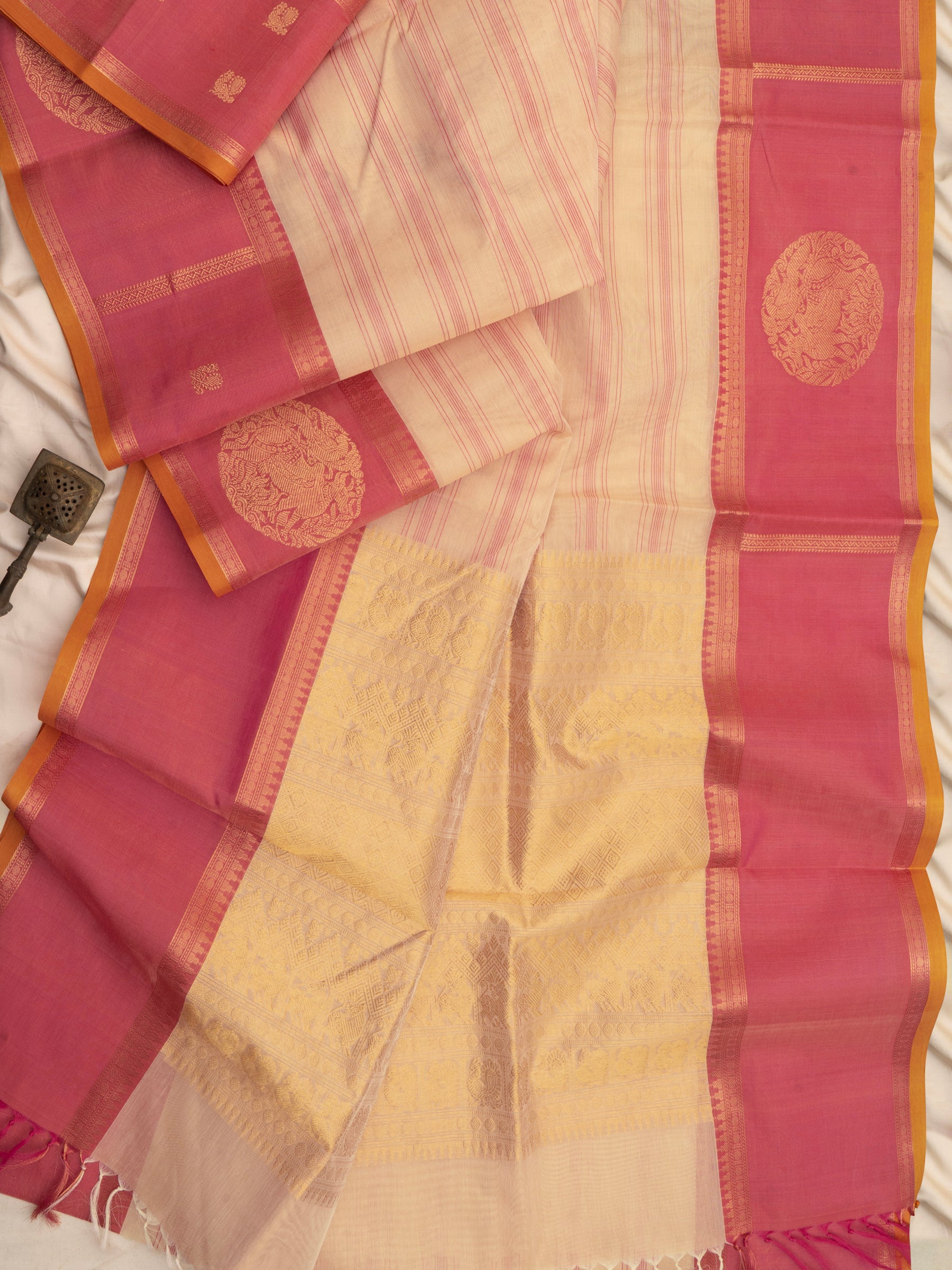Sandal and pink stripes / Silk Cotton Saree CLSA8014
