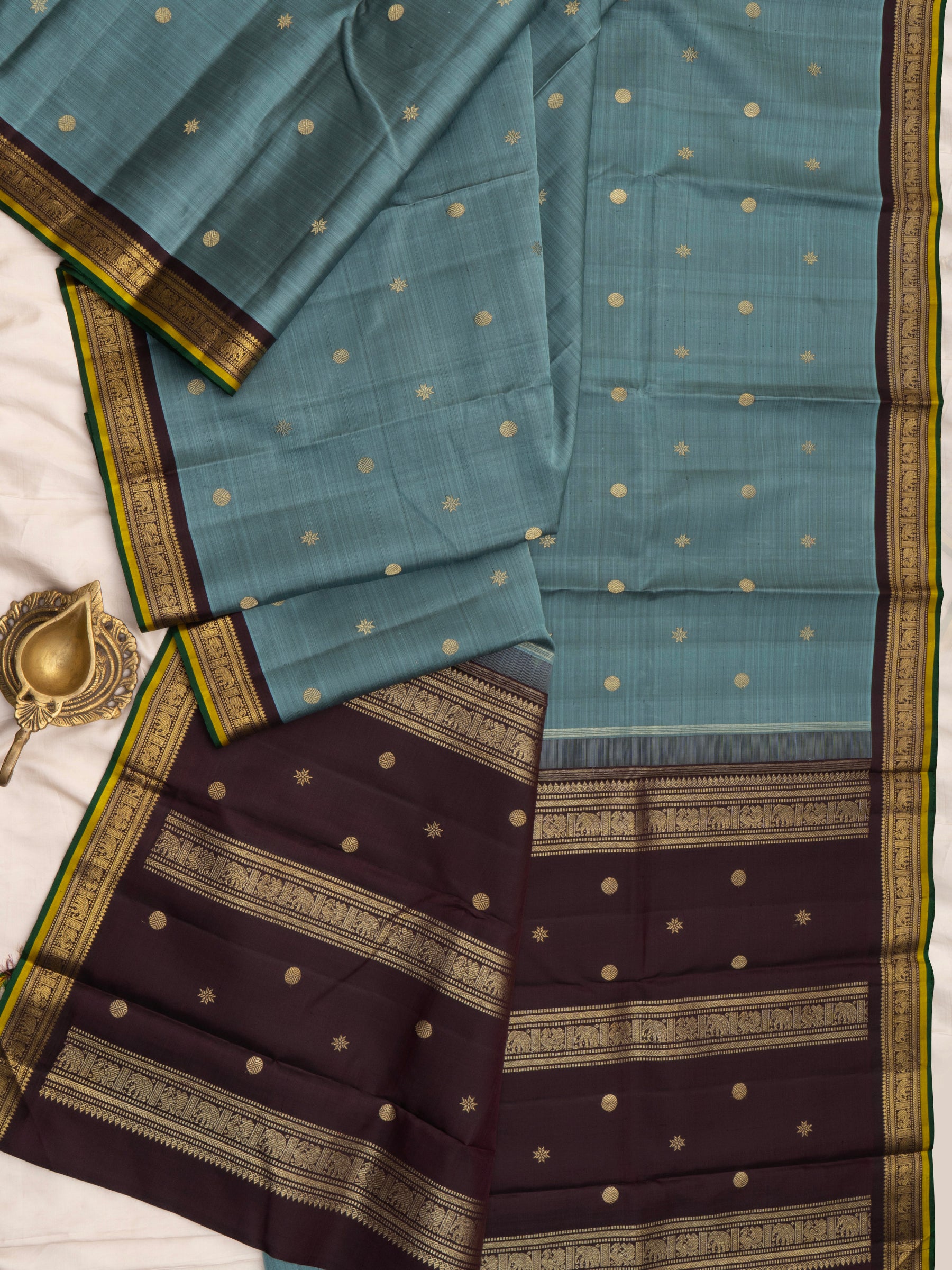 Unusual Deep powder blue and brown small border / Kanjipuram Silk Saree CLSA8268