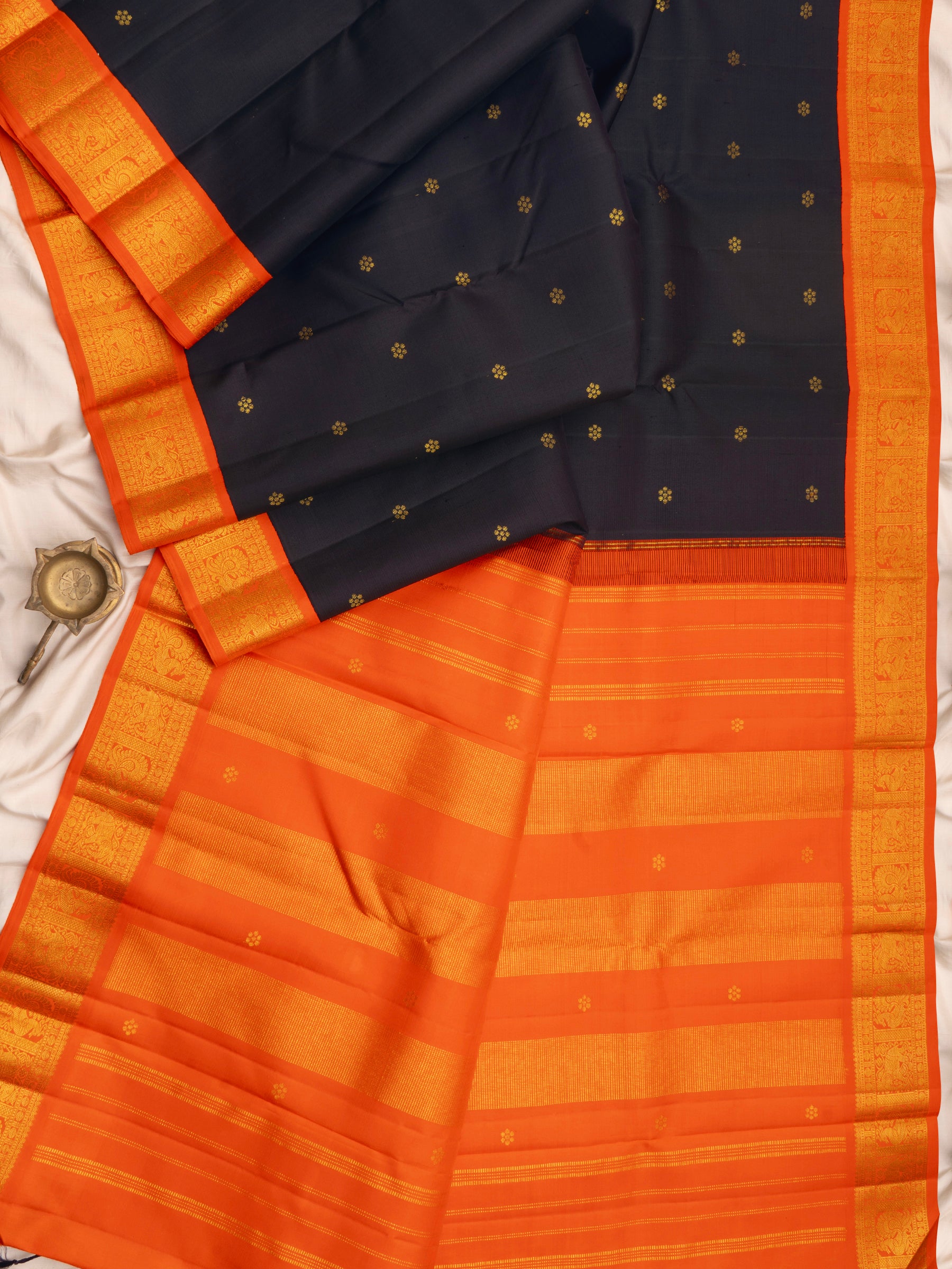Dark midnight Blue and Orange korvai / Arani Silk Saree CLSA9051