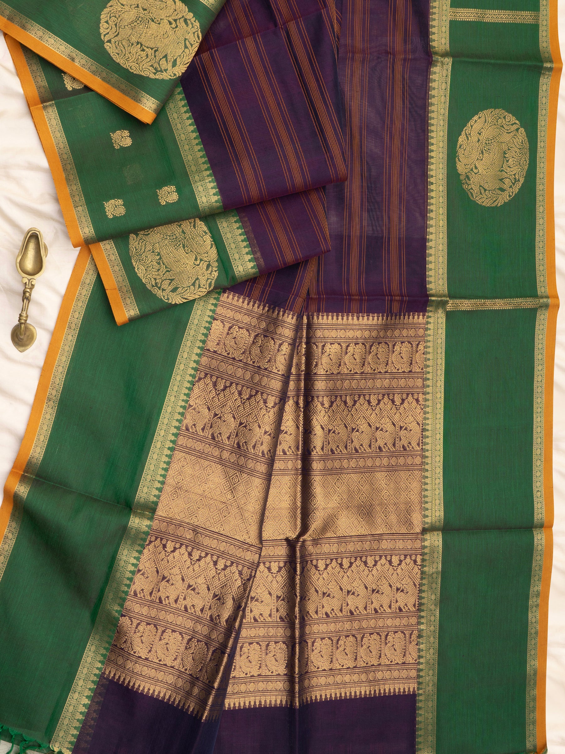 Deep purple and mustard lines border butta / Silk Cotton CLSA9595