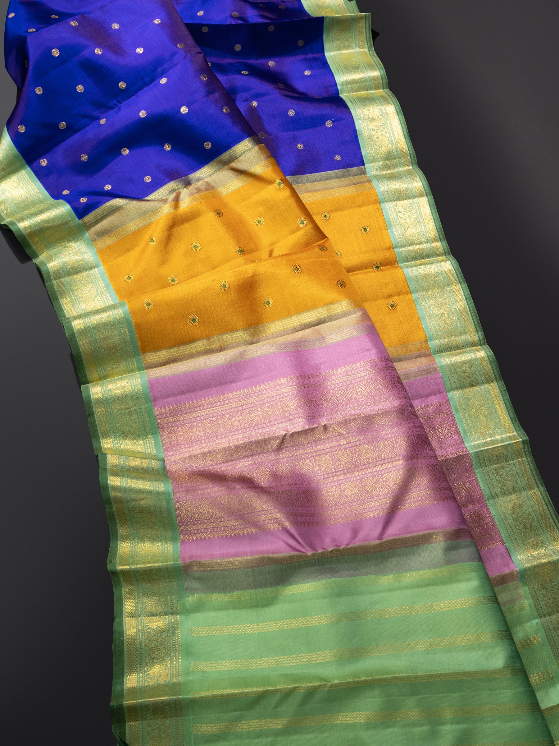 Purplish blue and pastel green kai korvai - Exclusive triple color pallu / Kanjipuram Silk Saree CLSA8167