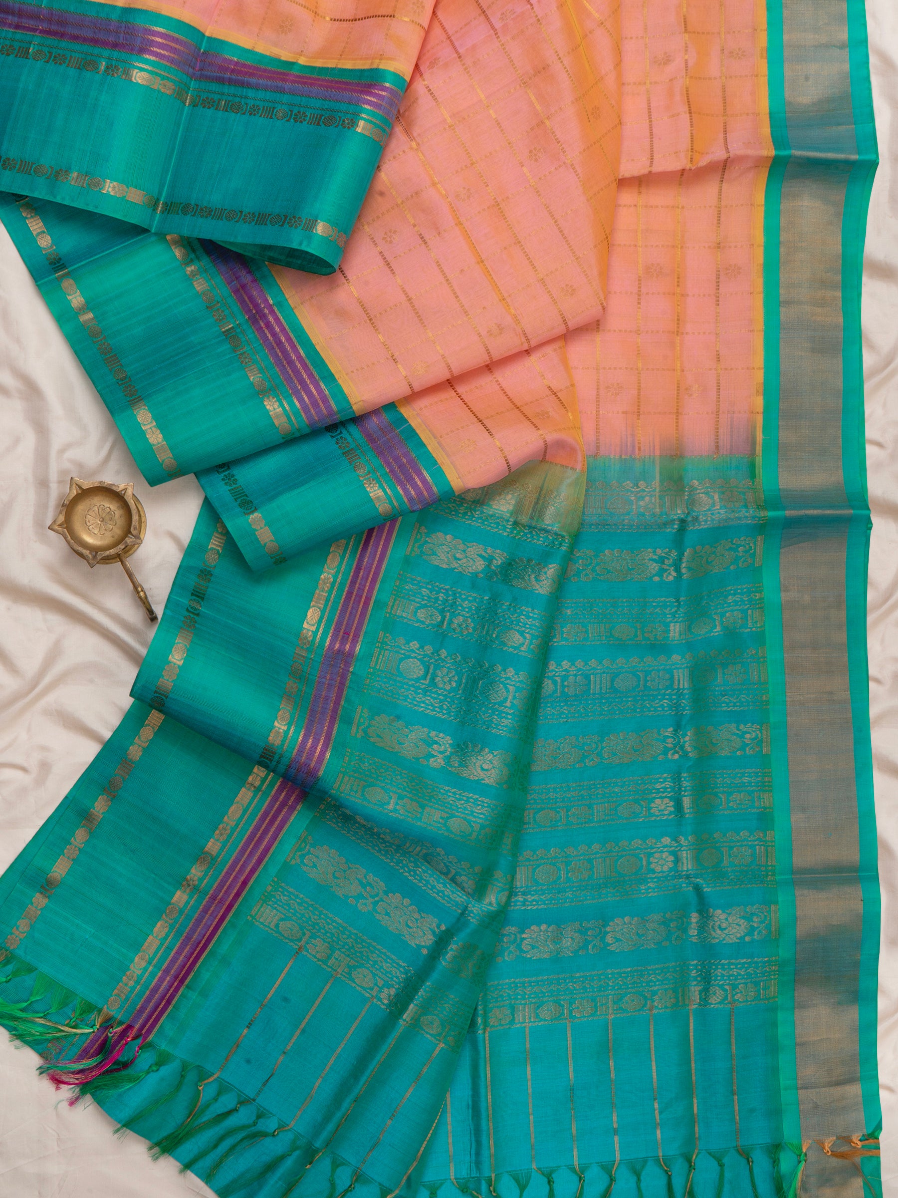 Peach and turquoise blue/ Silk Cotton Saree CLSA2890