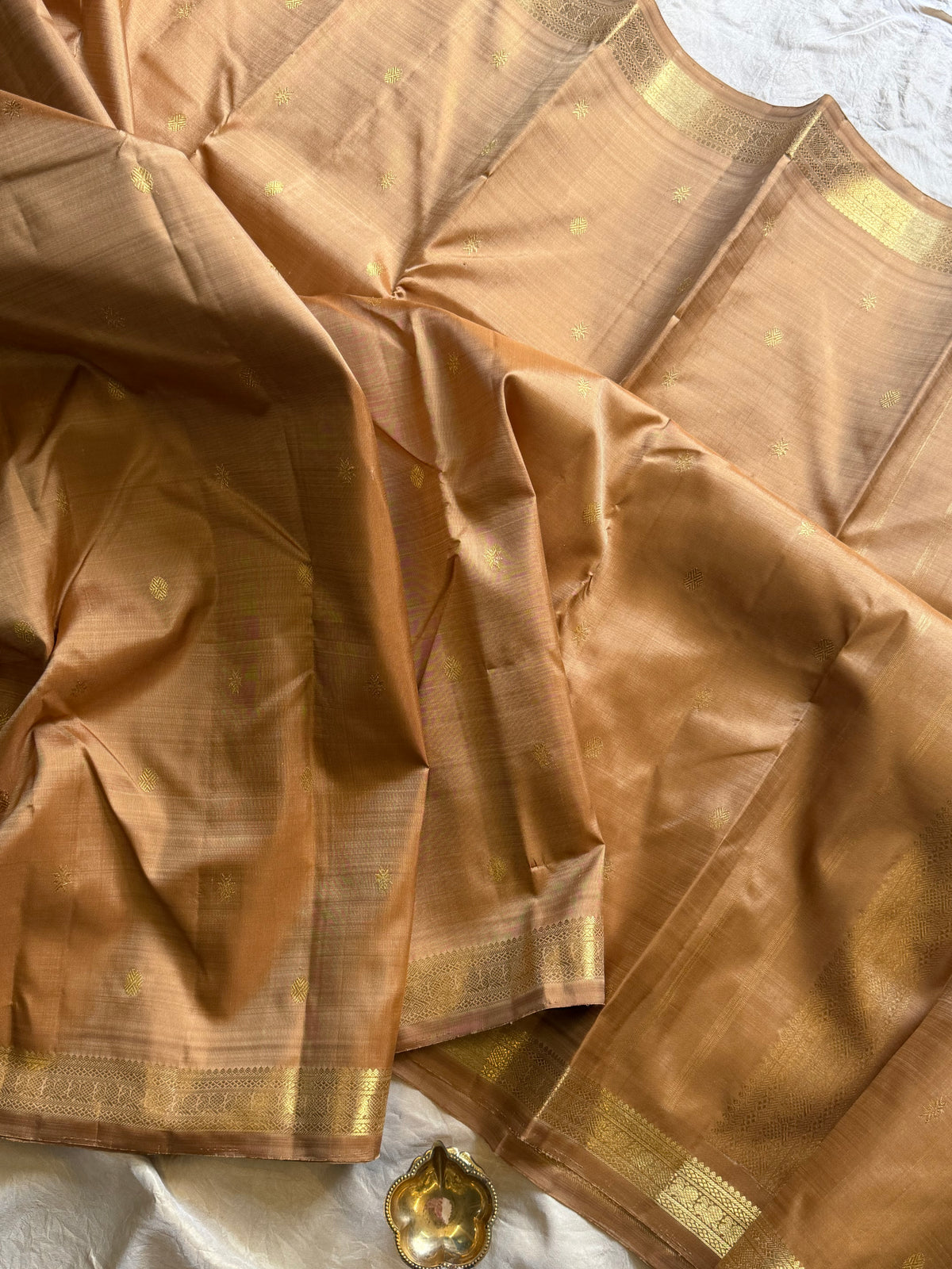 Golden brown color pure Zari pencil border Kanjipuram