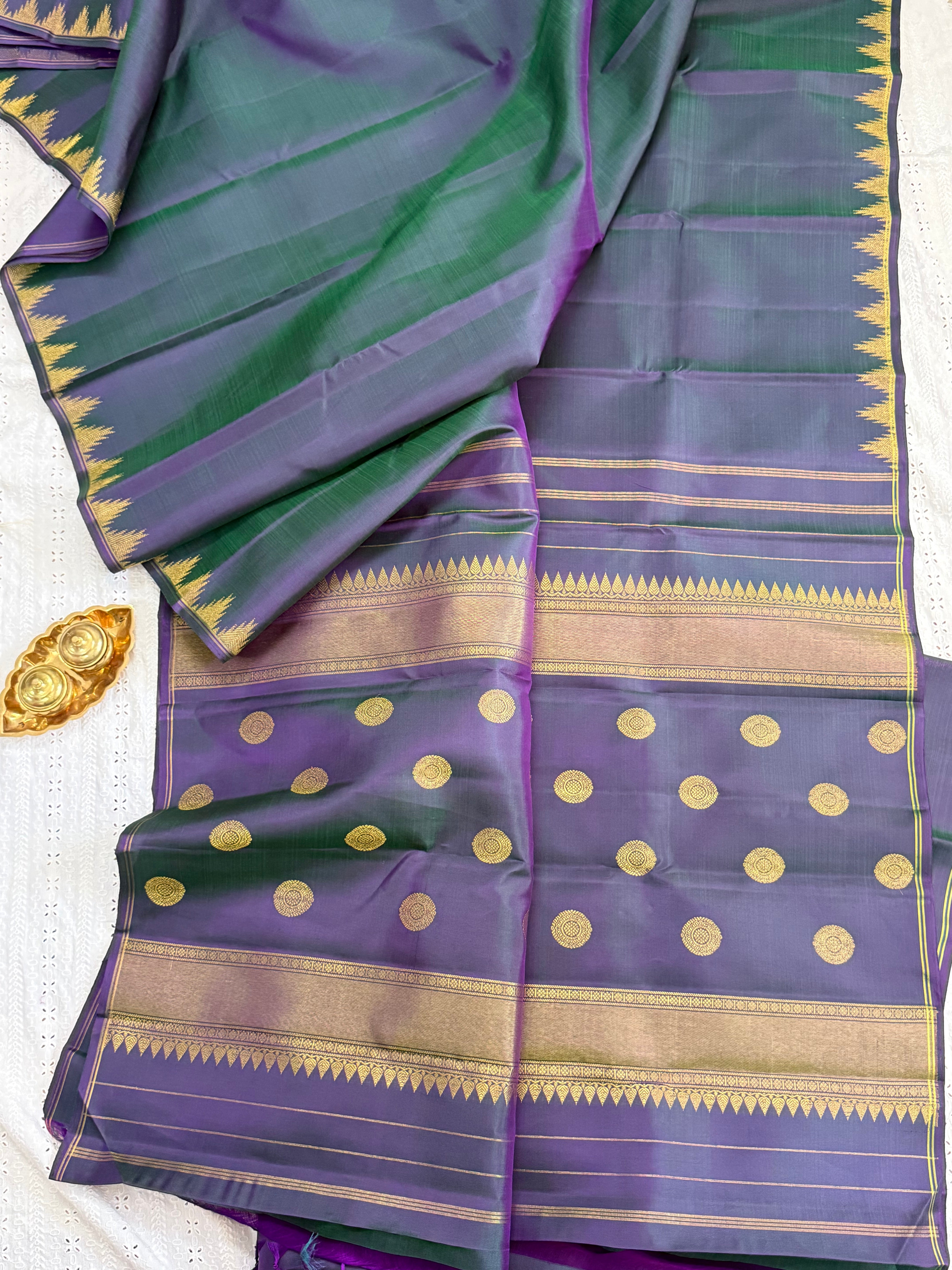 Green shot purple small temple border / Kanjipuram silk CL10143