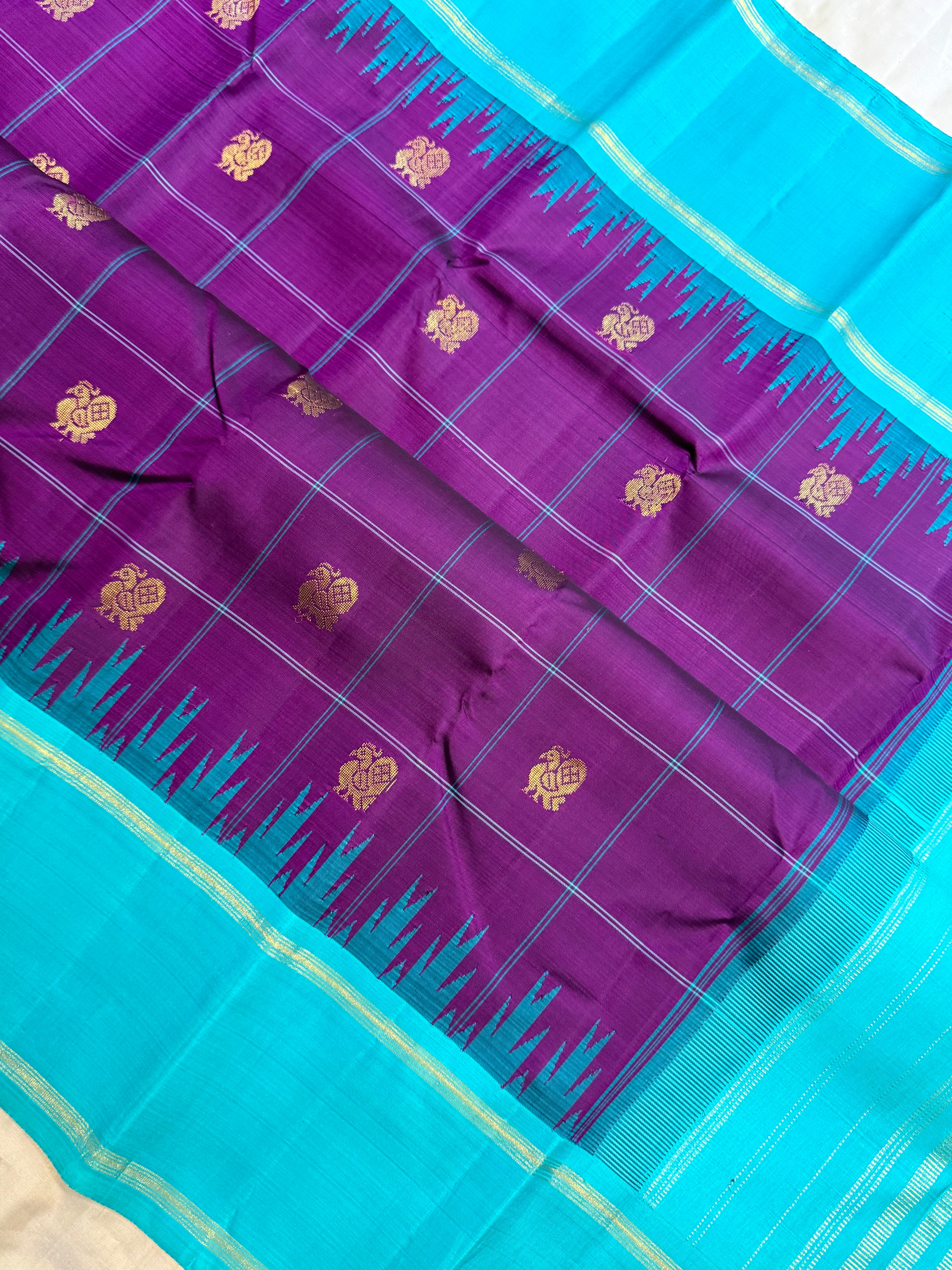 Aubergine and turquoise blue checks butta / Arani silk