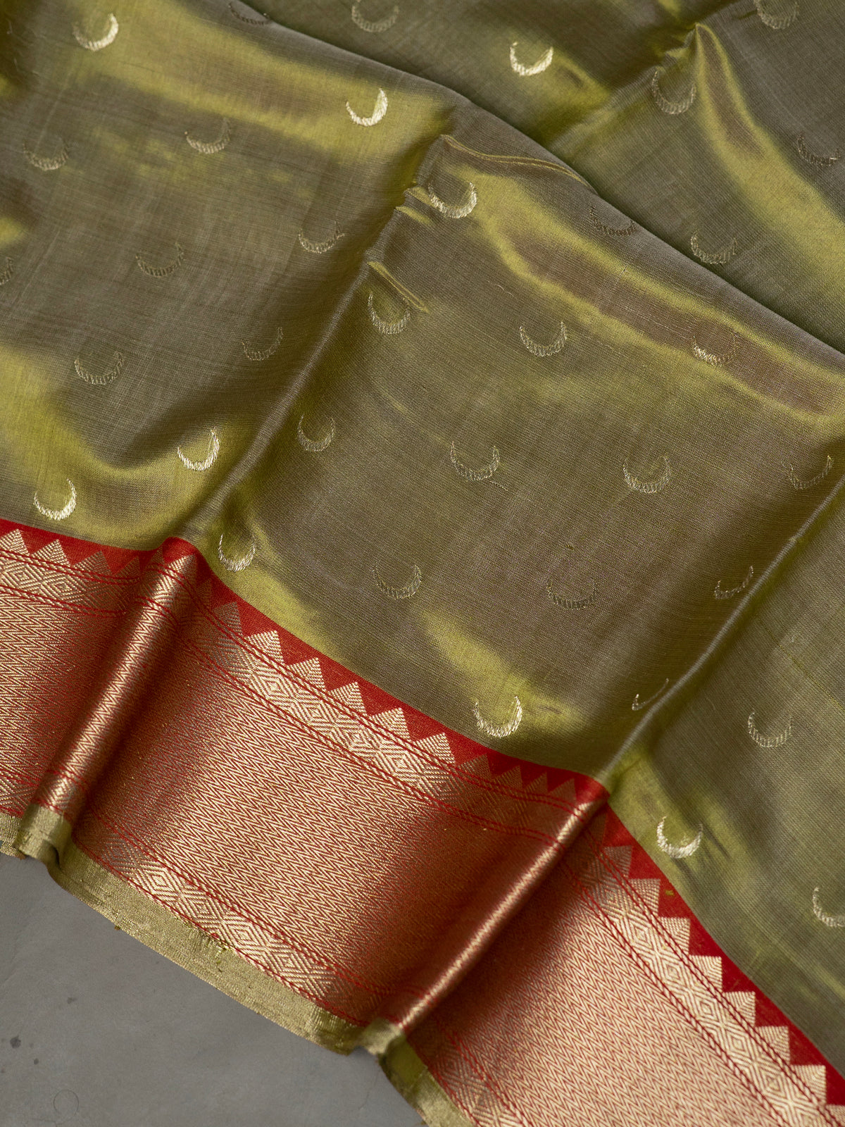 Olive green and red half moon butta /Chanderi silk Saree CLSA10882