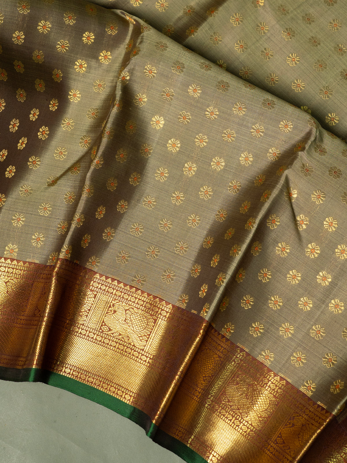 Kaaki colour Meena work Thodar Butta /Kanjipuram Silk Saree CLSA11353