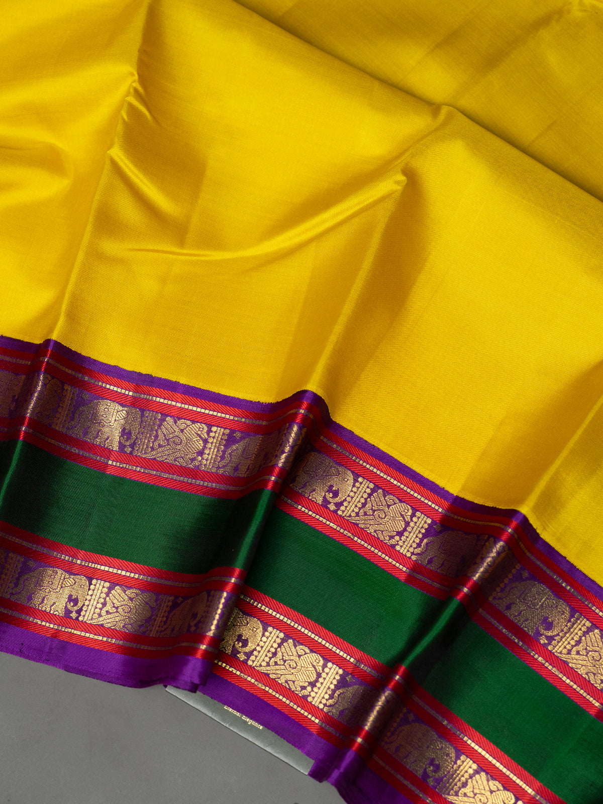Yellow and green purple rettapet border kai korvai/ Kanjipuram Silk Saree CLSA11707