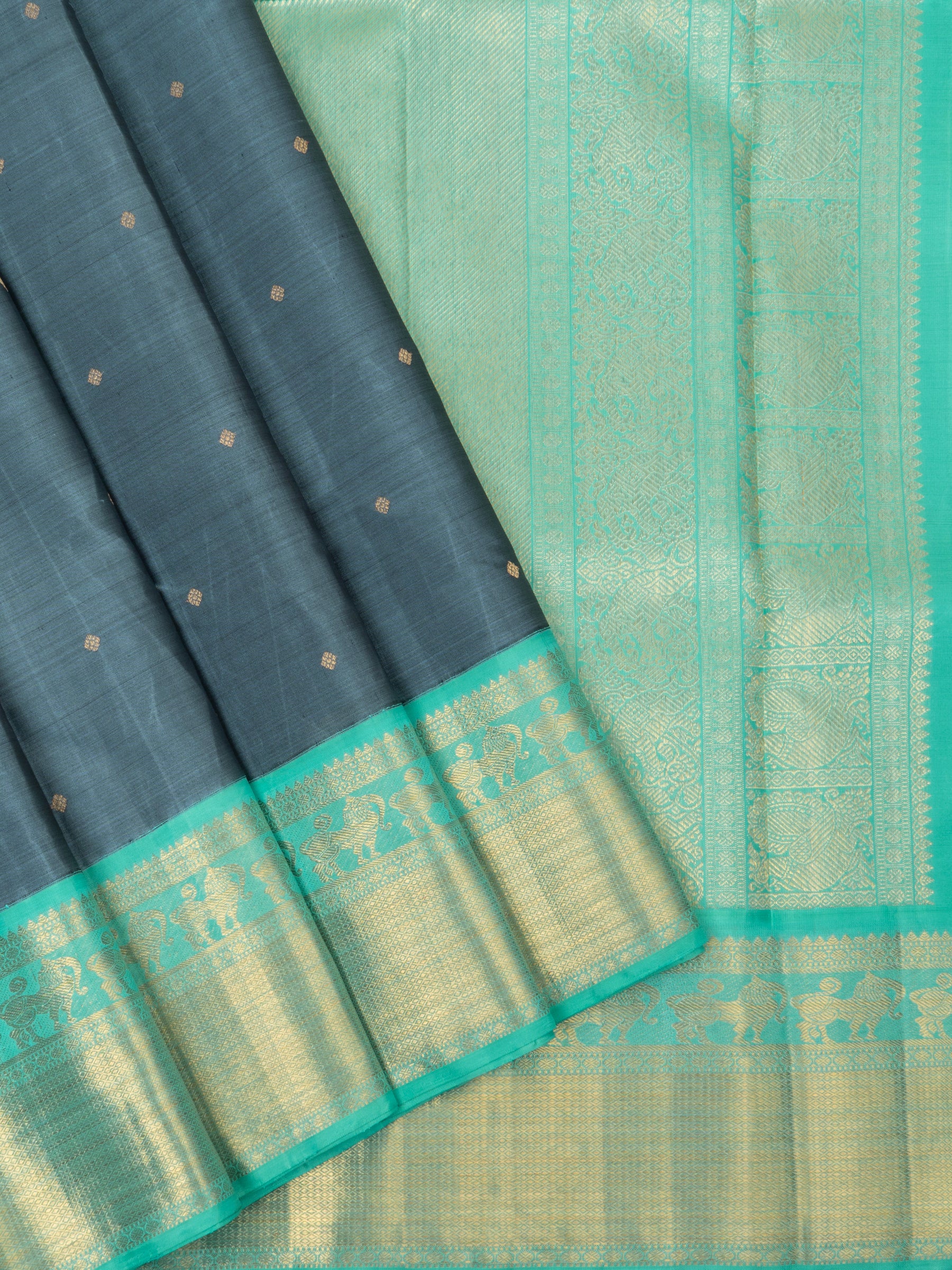 Grey and turquoise blue kai korvai/ Kanjipuram silk Saree CLSA303